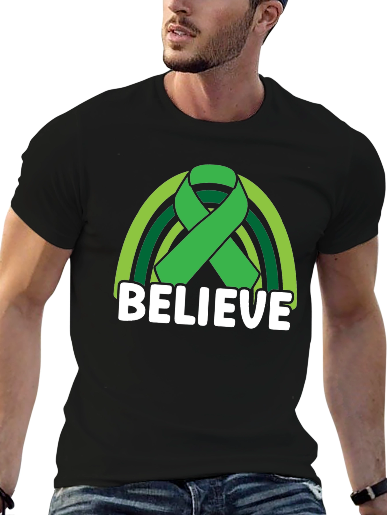 Believe Green Ribbon Rainbow Graphic T-Shirt