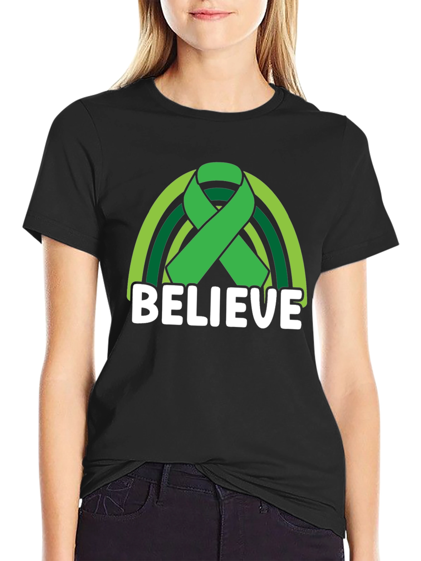 Believe Green Ribbon Rainbow Graphic T-Shirt