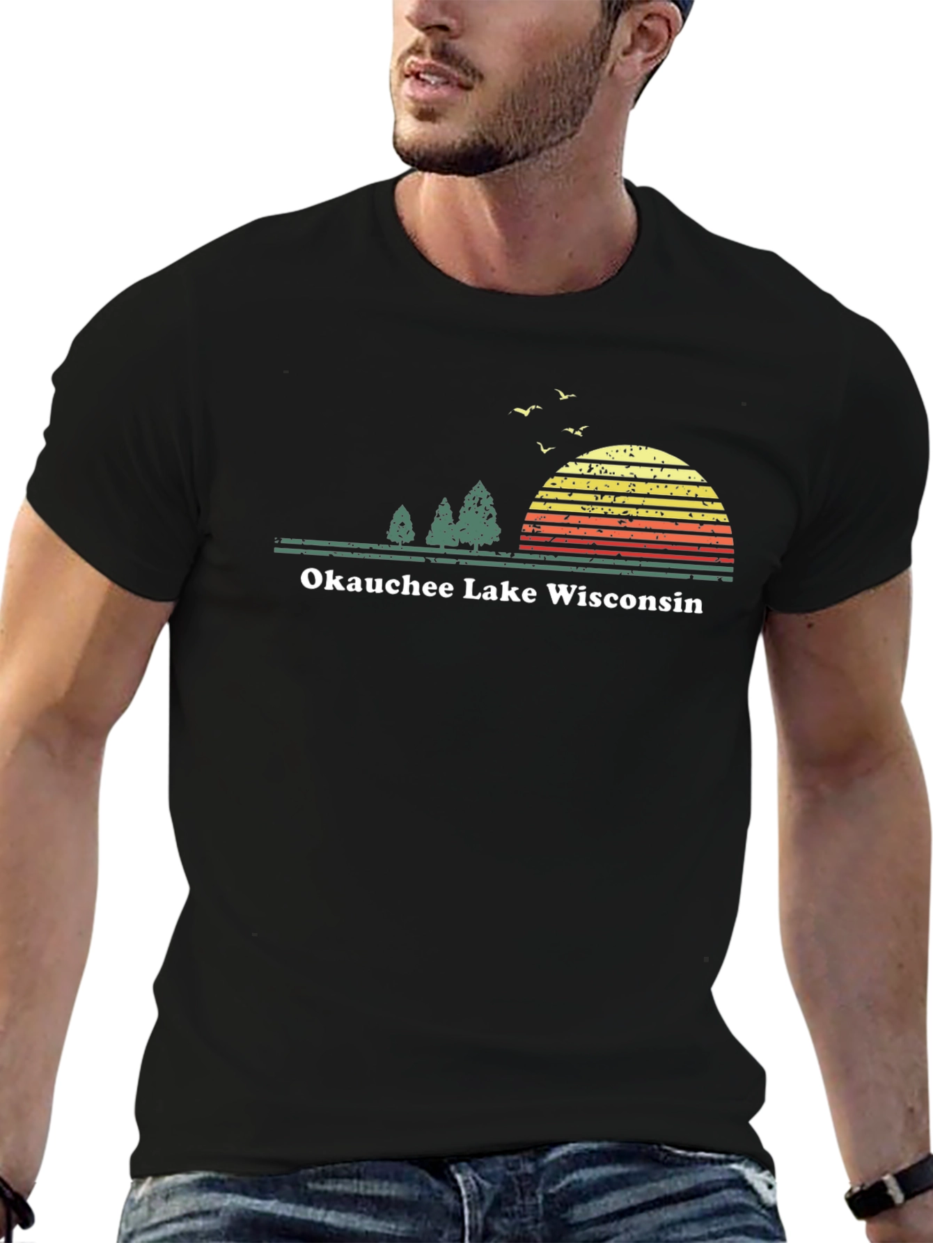 Okauchee Lake Wisconsin Tee - Retro Sunset Design