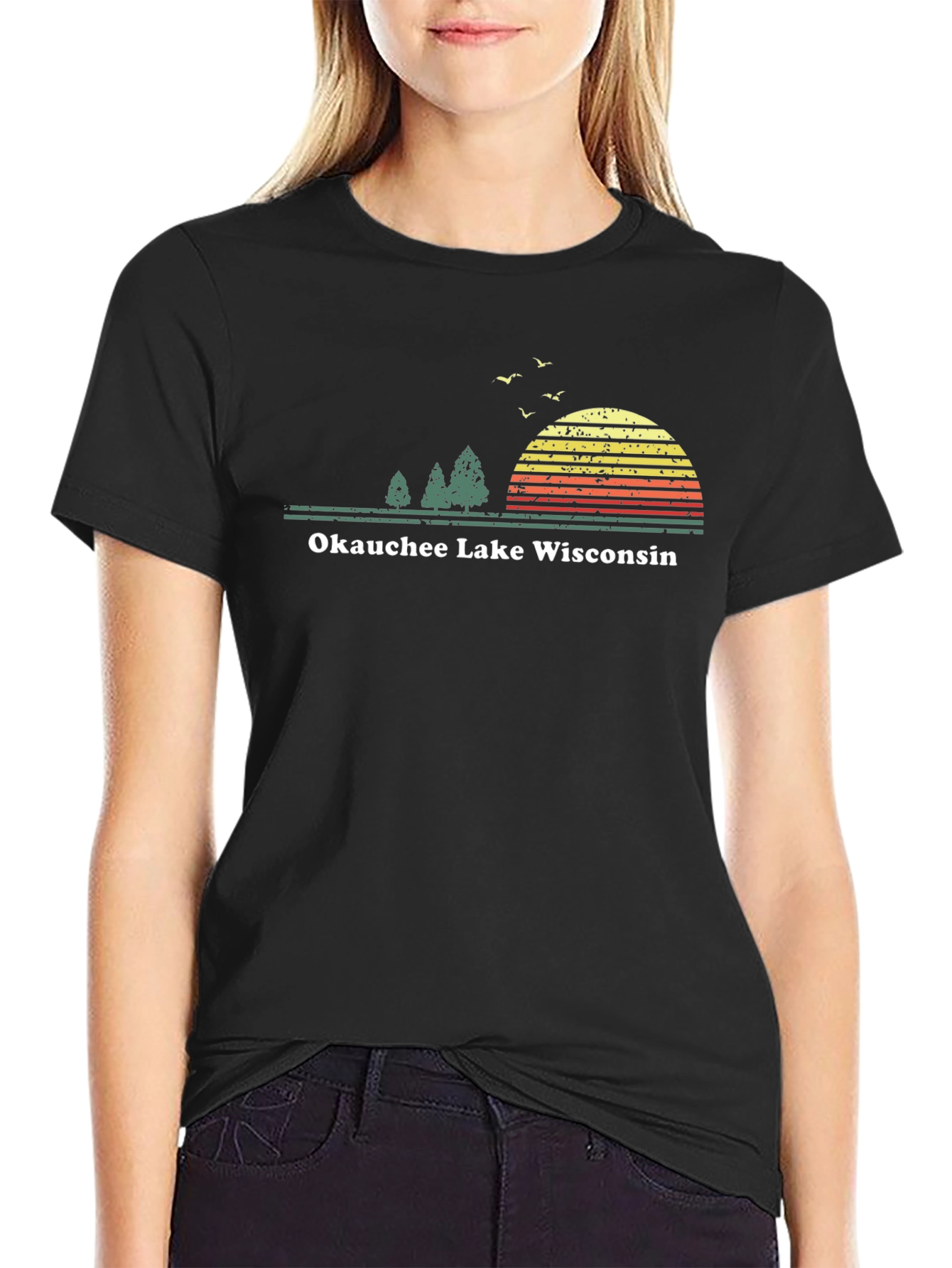 Okauchee Lake Wisconsin Tee - Retro Sunset Design