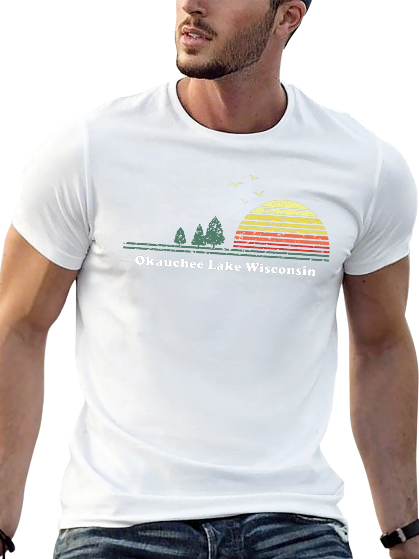 Okauchee Lake Wisconsin Tee - Retro Sunset Design