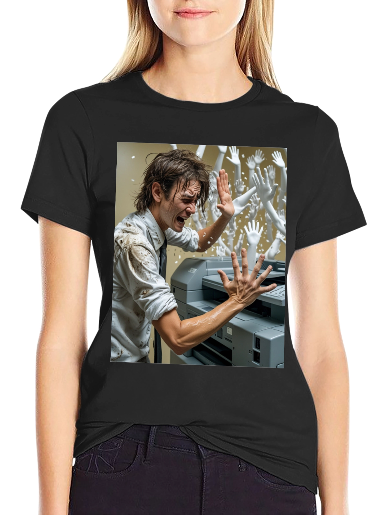 Office Chaos T-Shirt: Man vs. Printer & Phantom Hands