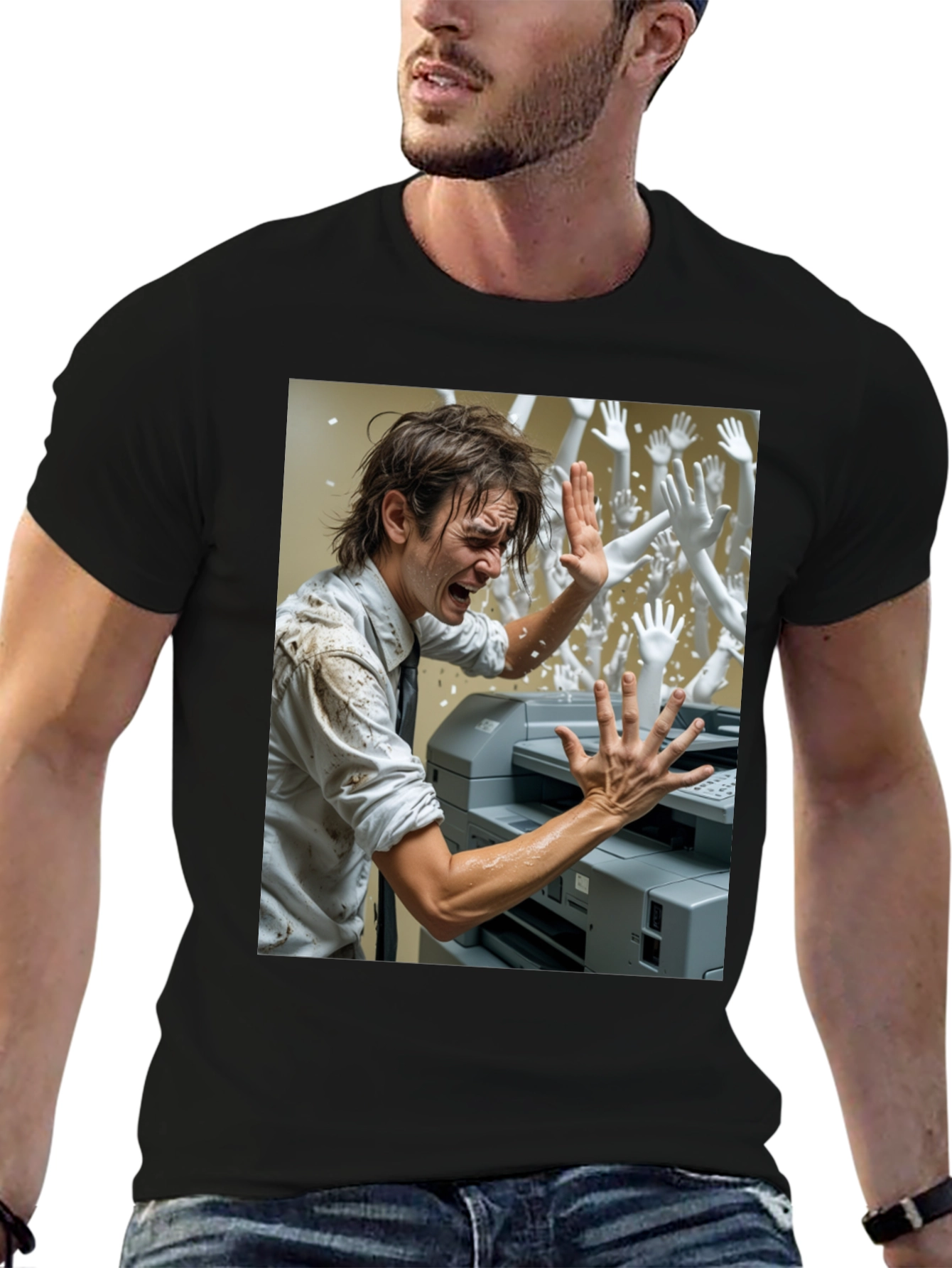 Office Chaos T-Shirt: Man vs. Printer & Phantom Hands