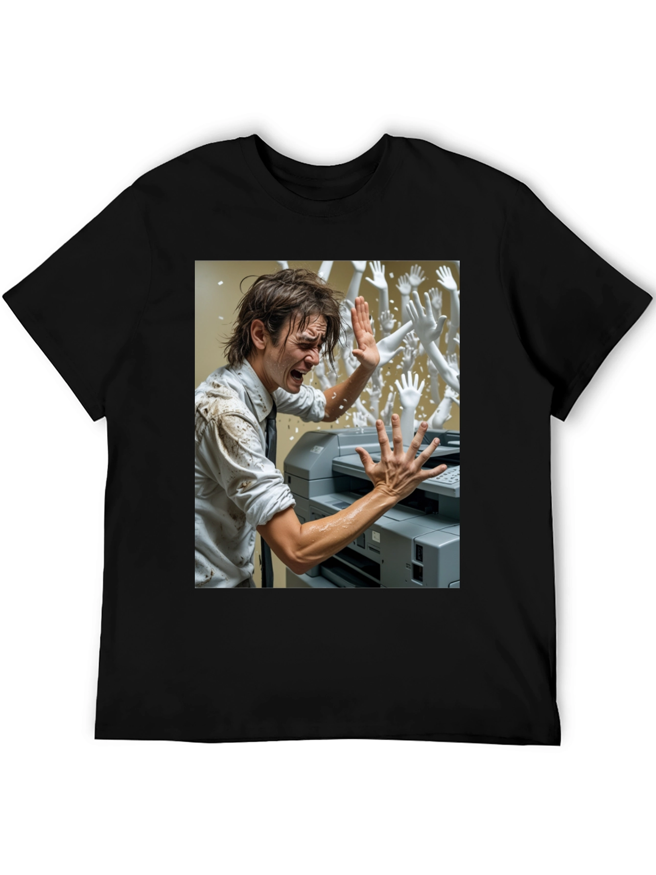 Office Chaos T-Shirt: Man vs. Printer & Phantom Hands