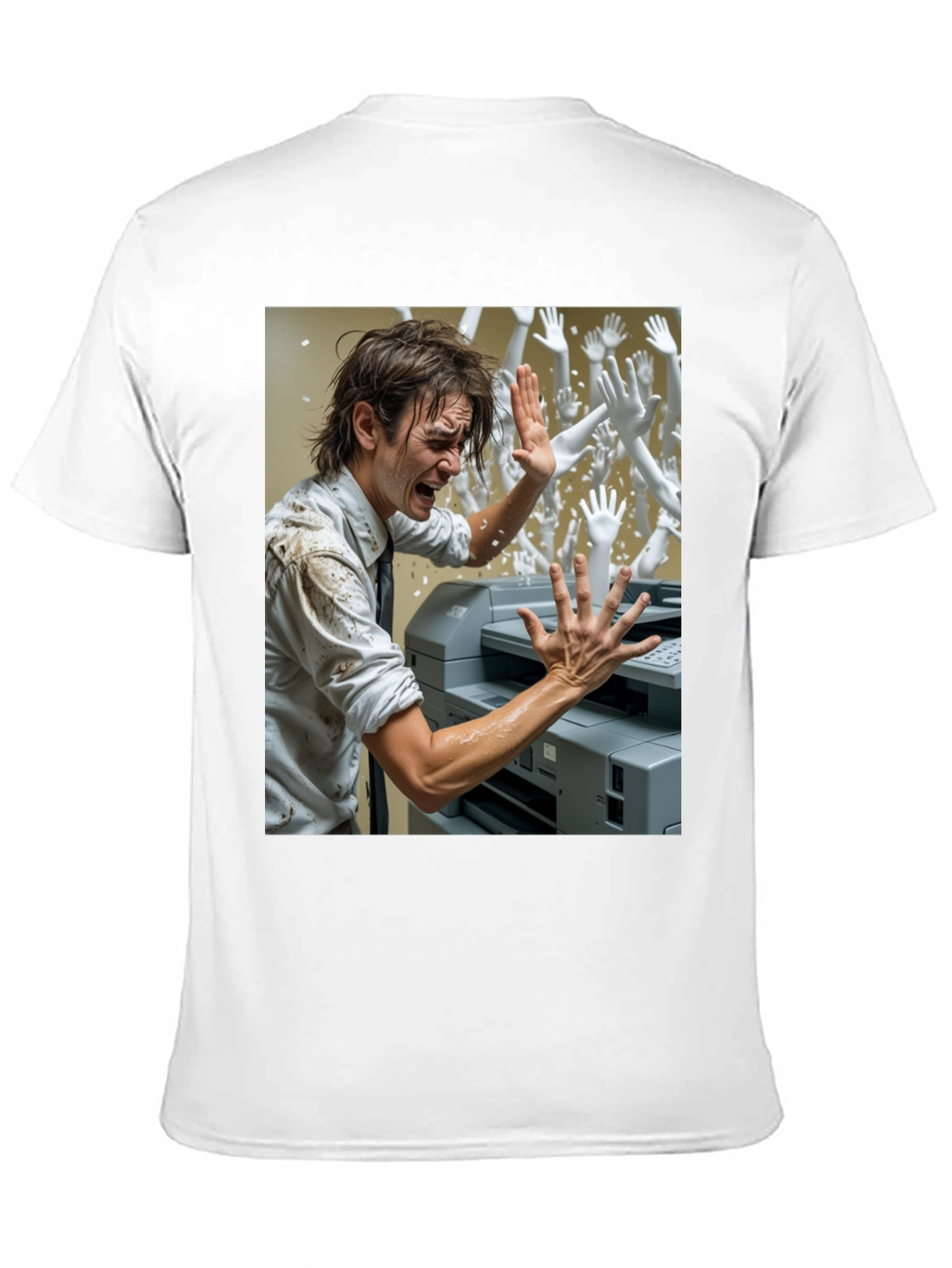 Office Chaos T-Shirt: Man vs. Printer & Phantom Hands