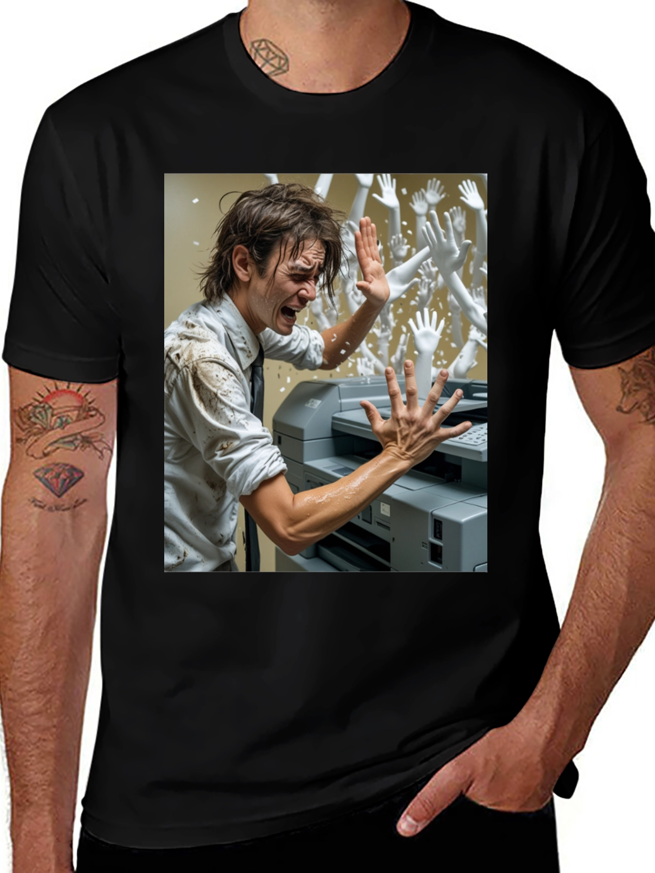 Office Chaos T-Shirt: Man vs. Printer & Phantom Hands