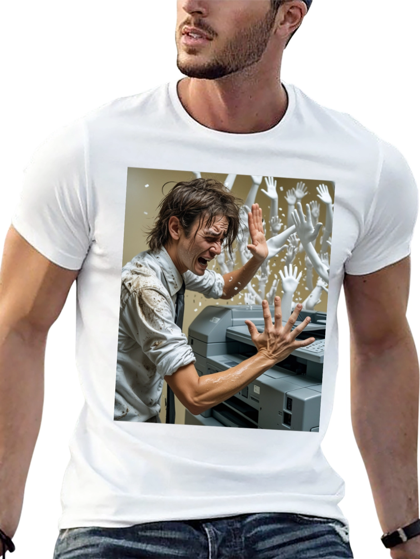 Office Chaos T-Shirt: Man vs. Printer & Phantom Hands