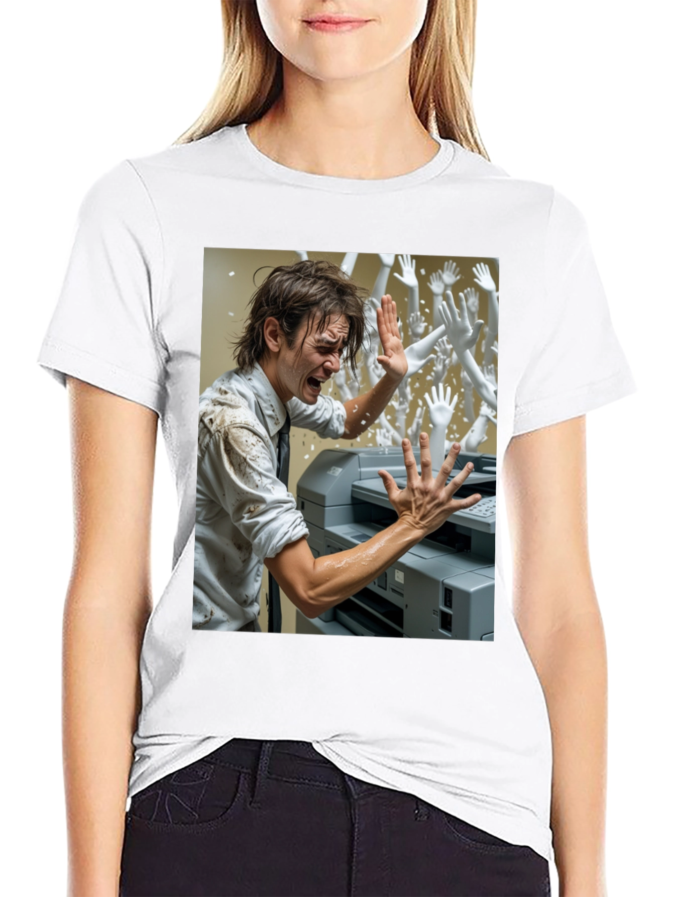 Office Chaos T-Shirt: Man vs. Printer & Phantom Hands