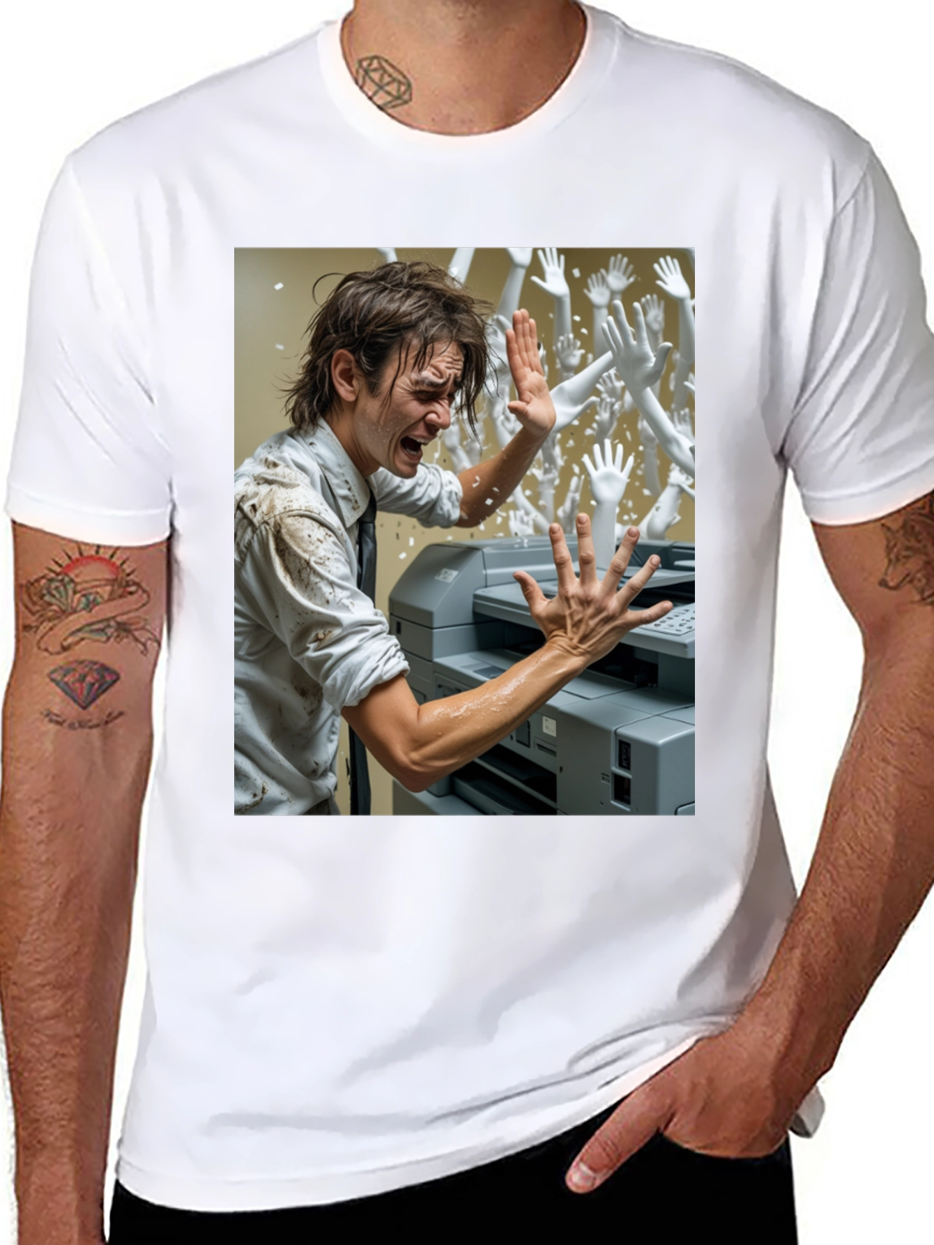 Office Chaos T-Shirt: Man vs. Printer & Phantom Hands