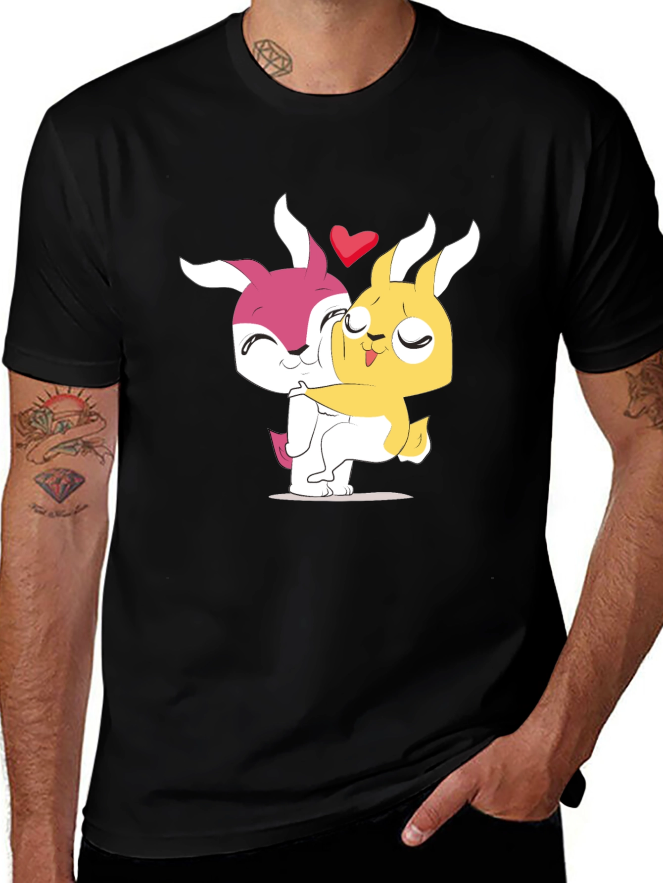 Cute Cartoon Bunny Hug Black T-Shirt