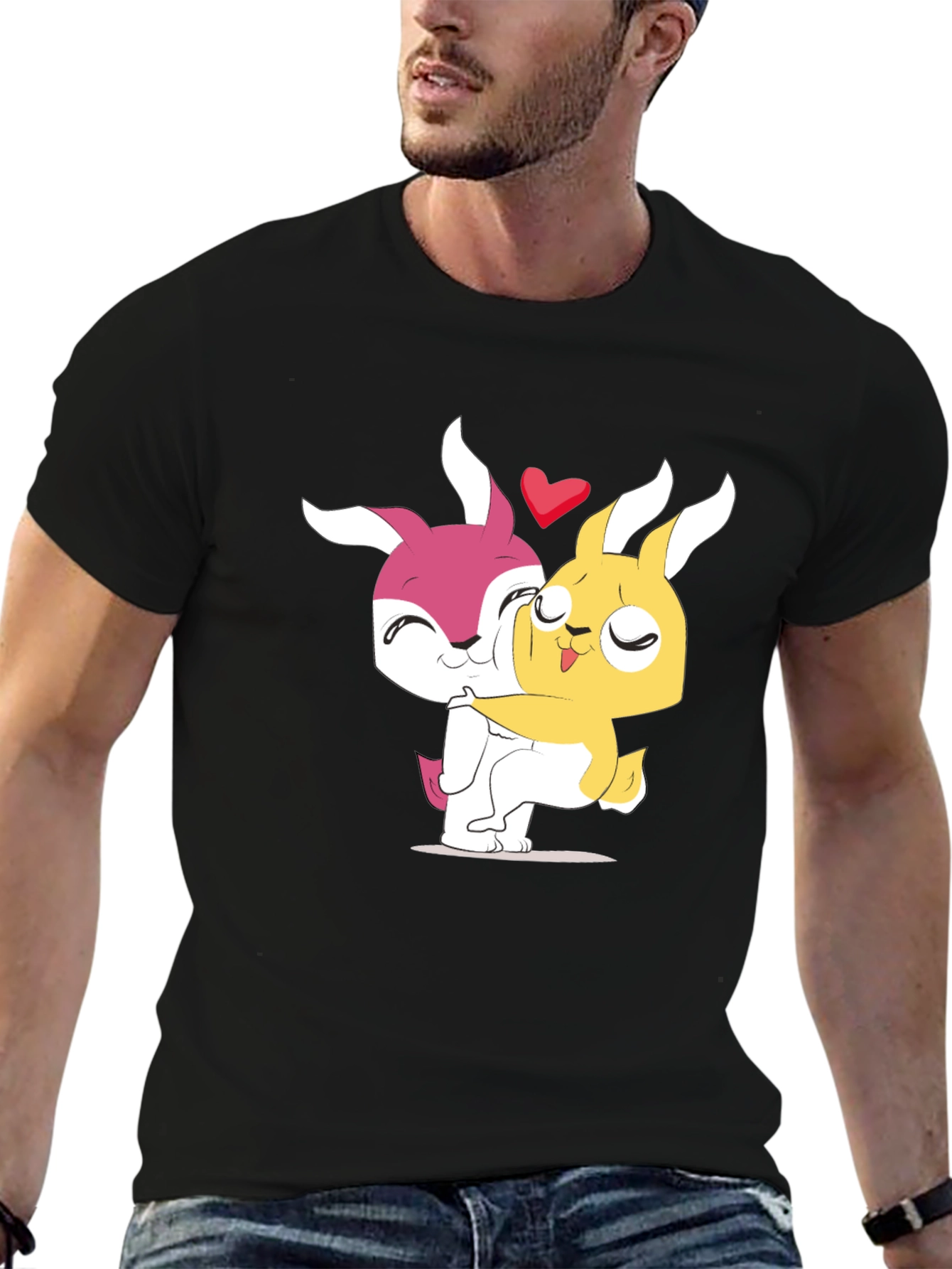 Cute Cartoon Bunny Hug Black T-Shirt