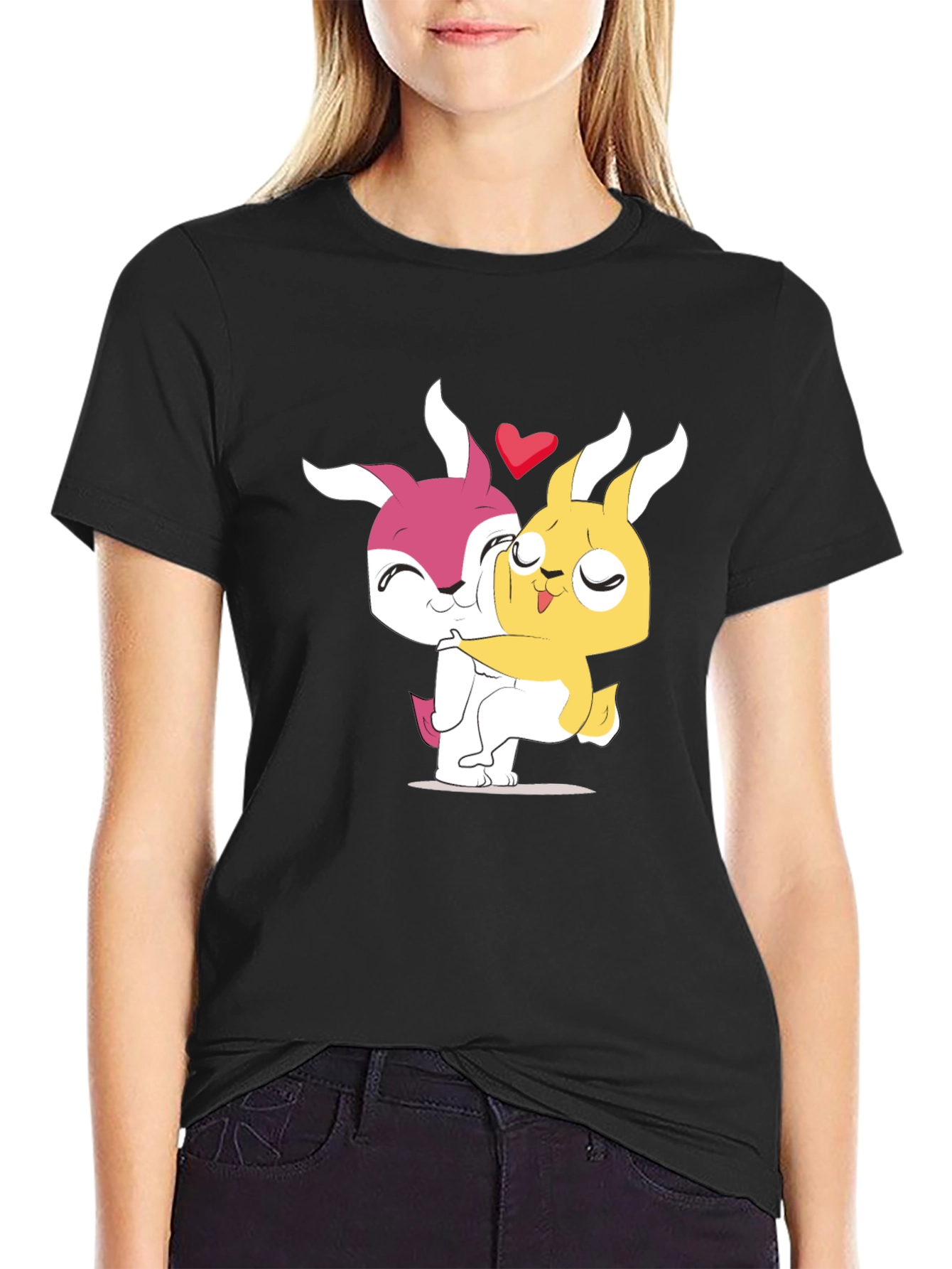 Cute Cartoon Bunny Hug Black T-Shirt