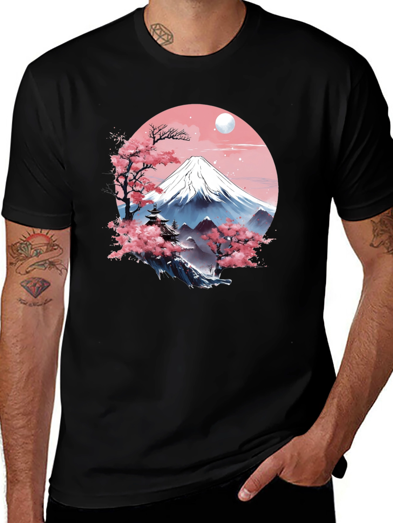 Japanese Mountain Scene Black T-Shirt