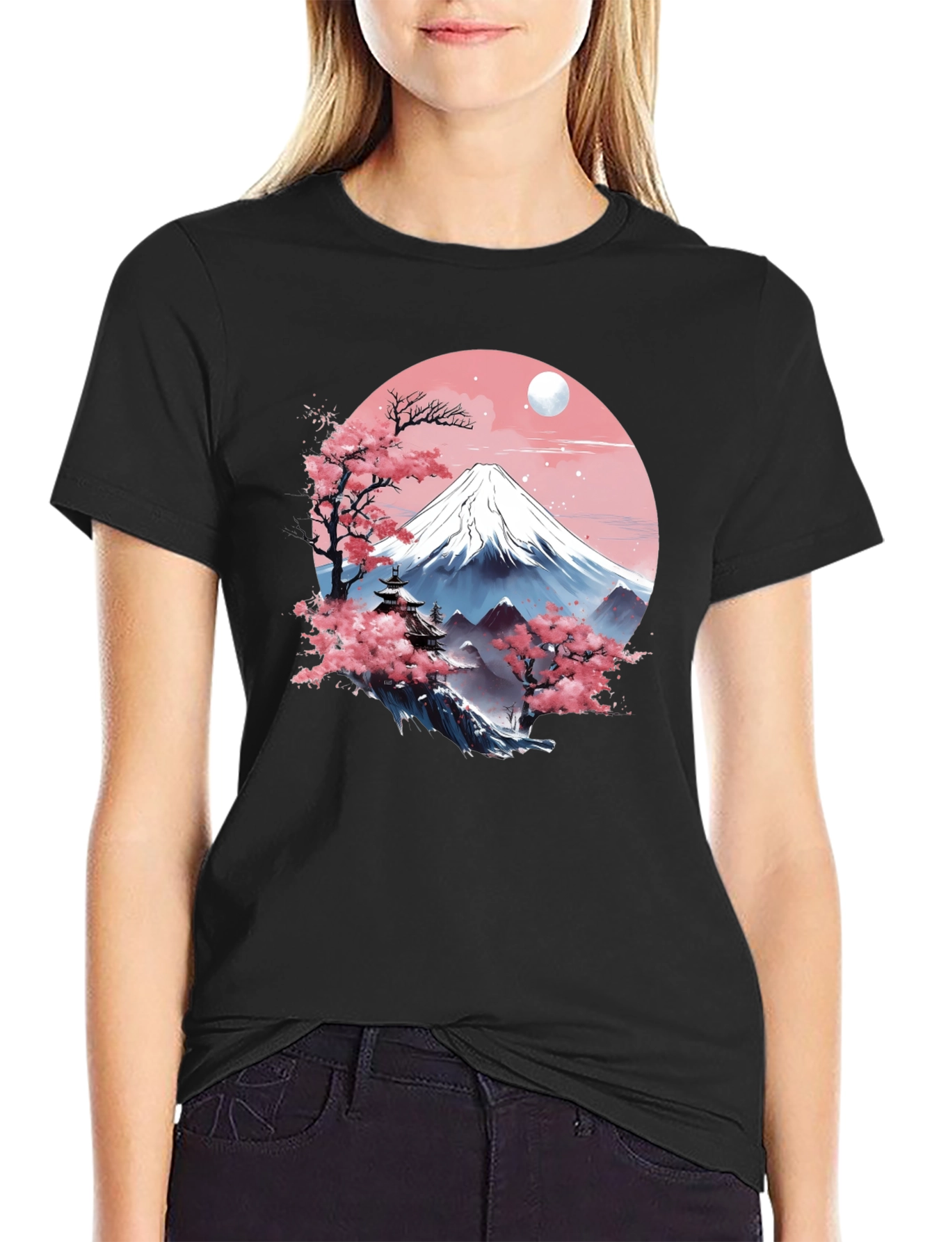 Japanese Mountain Scene Black T-Shirt