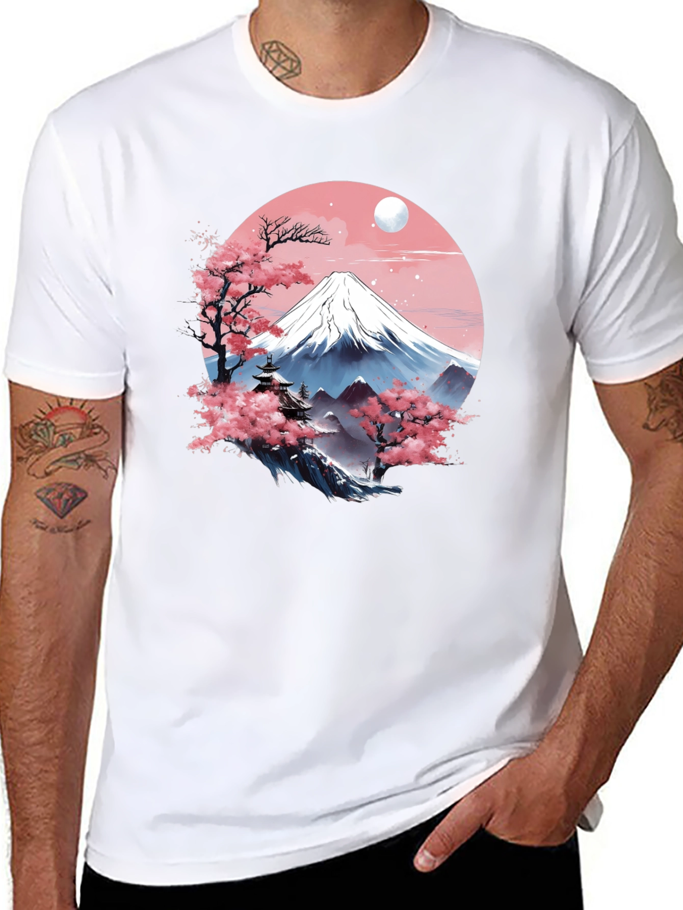 Japanese Mountain Scene Black T-Shirt