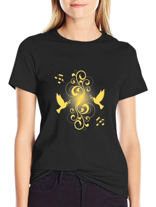 Black T-Shirt with Golden Dove and Music Design