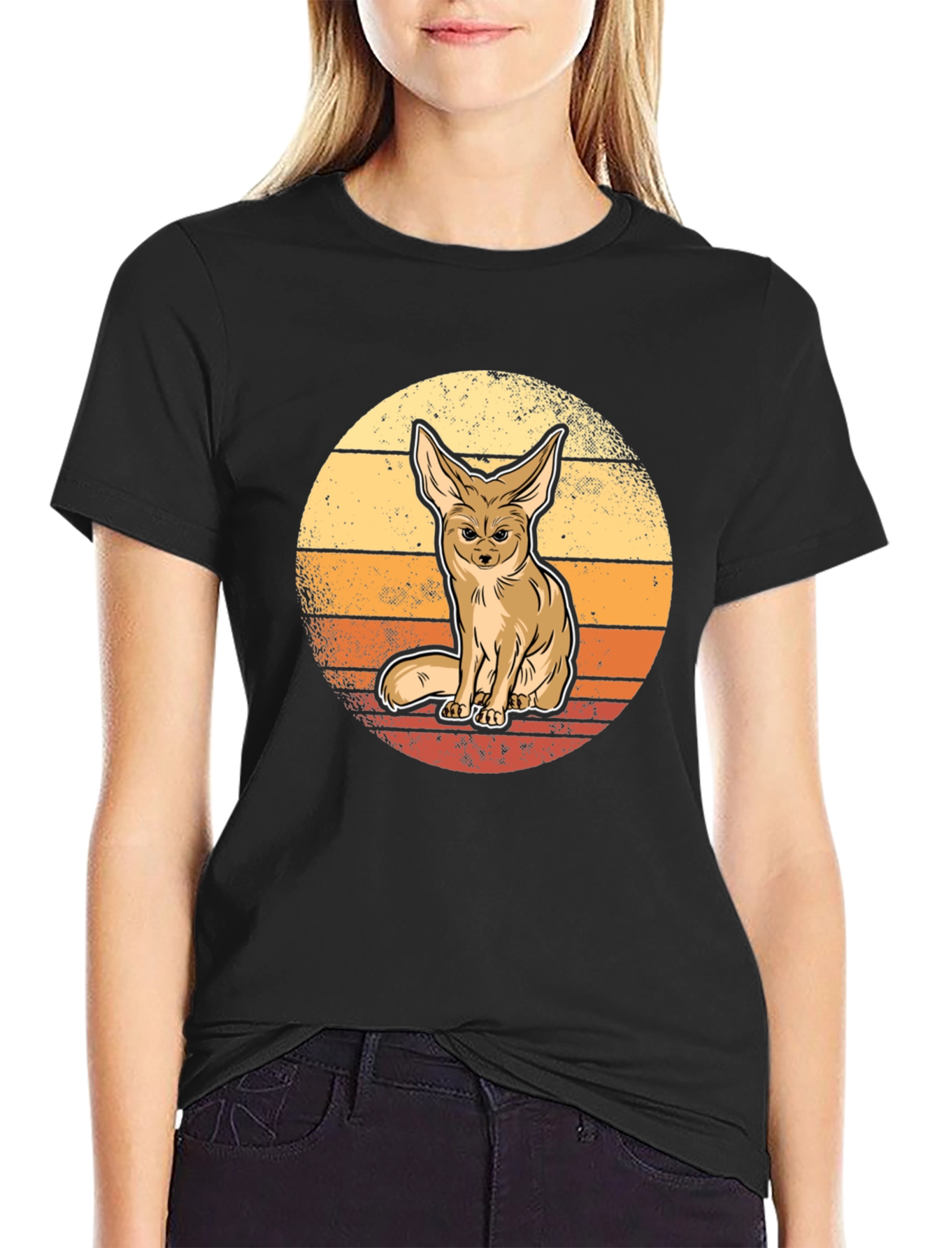 Fennec Fox Sunset Graphic Tee - Black Cotton Blend