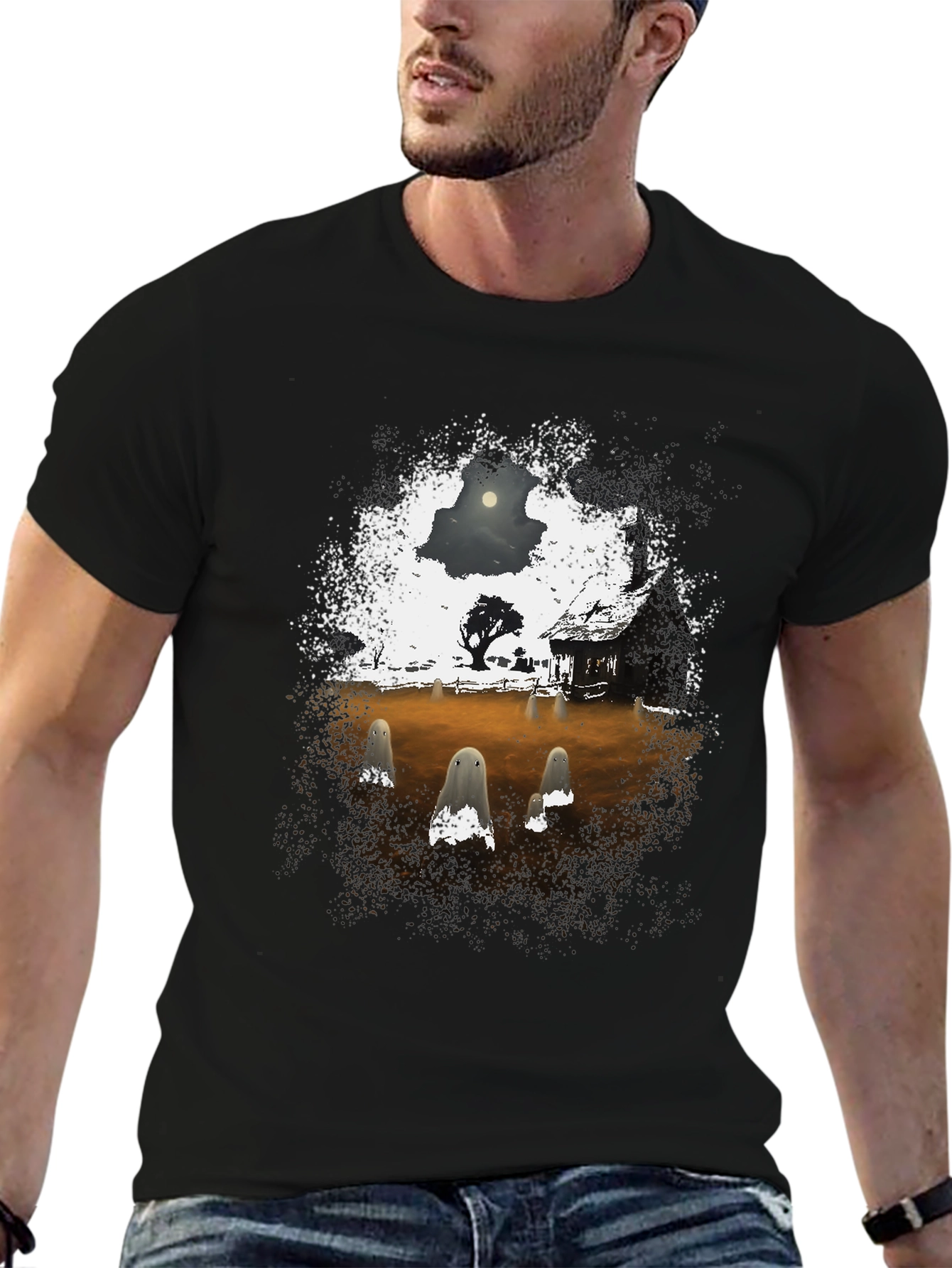 Spooky Ghost Scene Graphic T-Shirt
