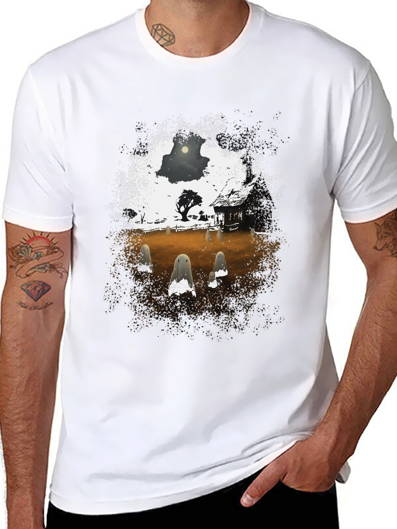Spooky Ghost Scene Graphic T-Shirt
