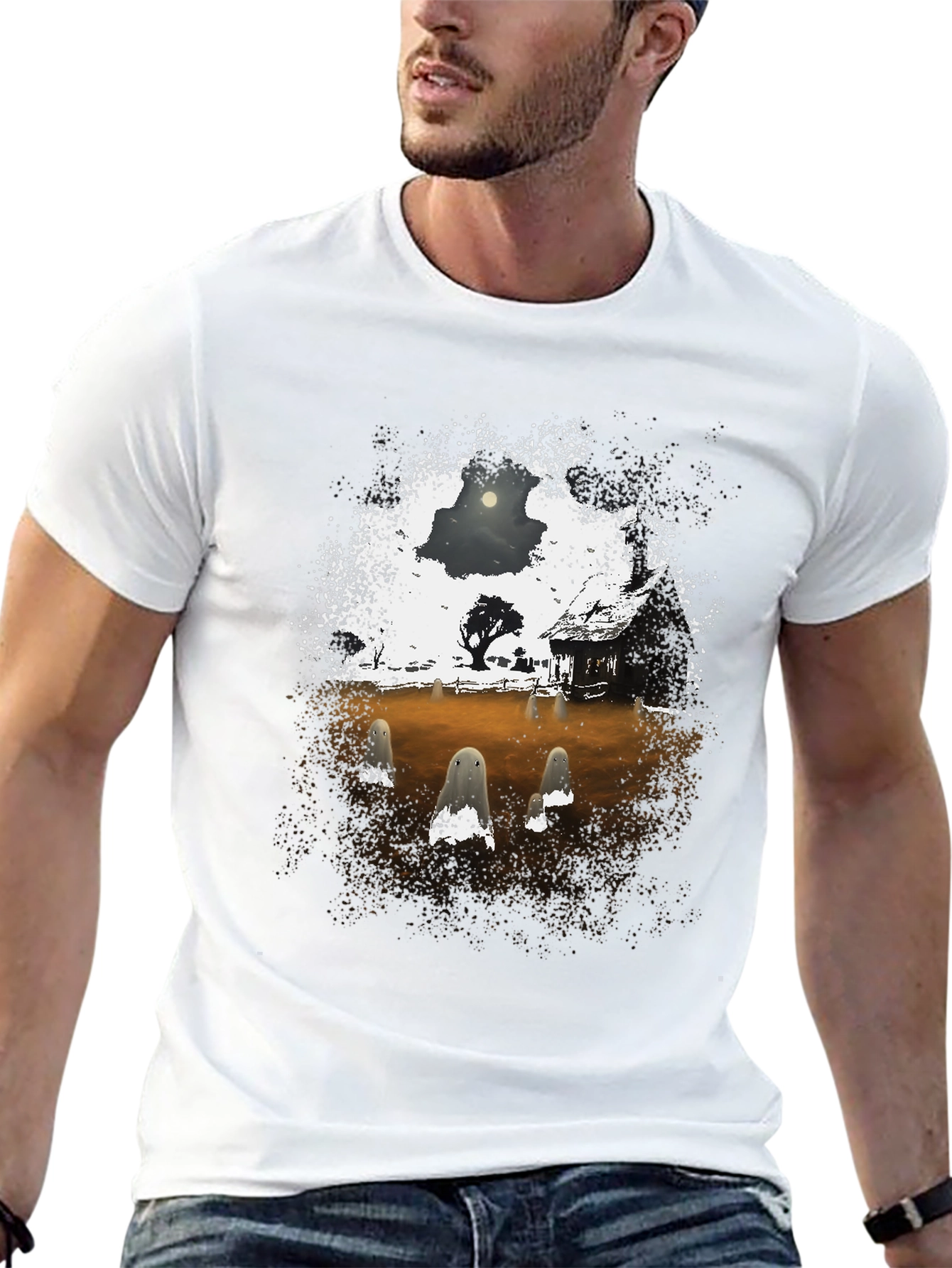 Spooky Ghost Scene Graphic T-Shirt