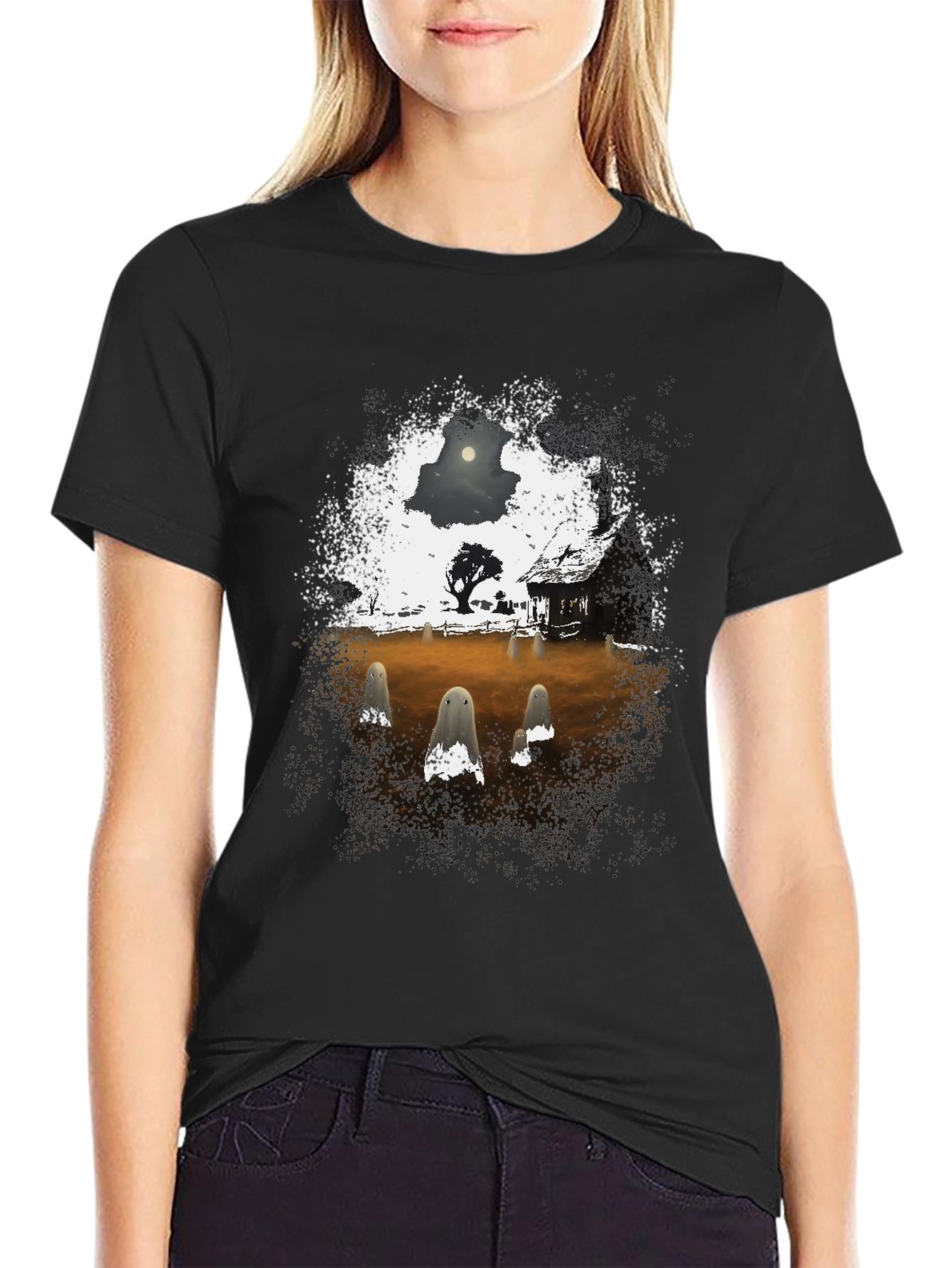 Spooky Ghost Scene Graphic T-Shirt