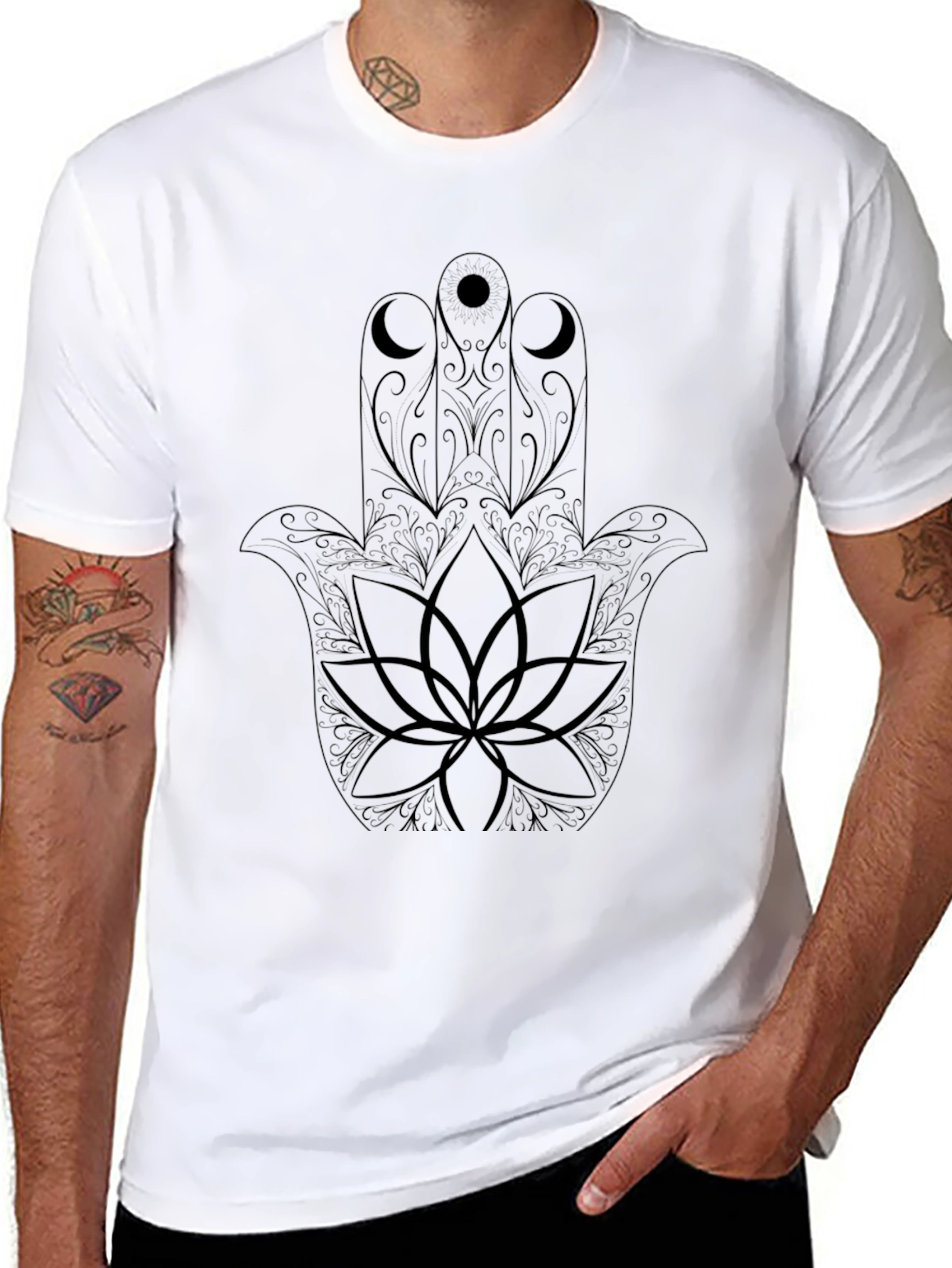 Hamsa Hand Lotus Graphic Tee - Black