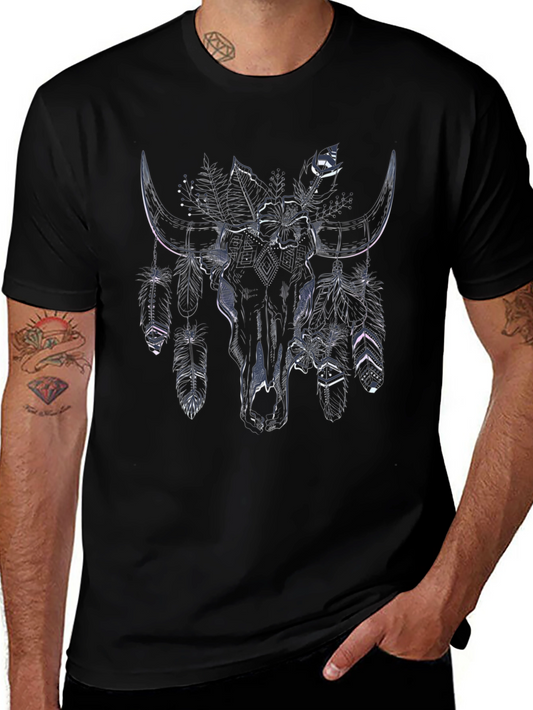 Boho Bull Skull Feather Print Black Tee