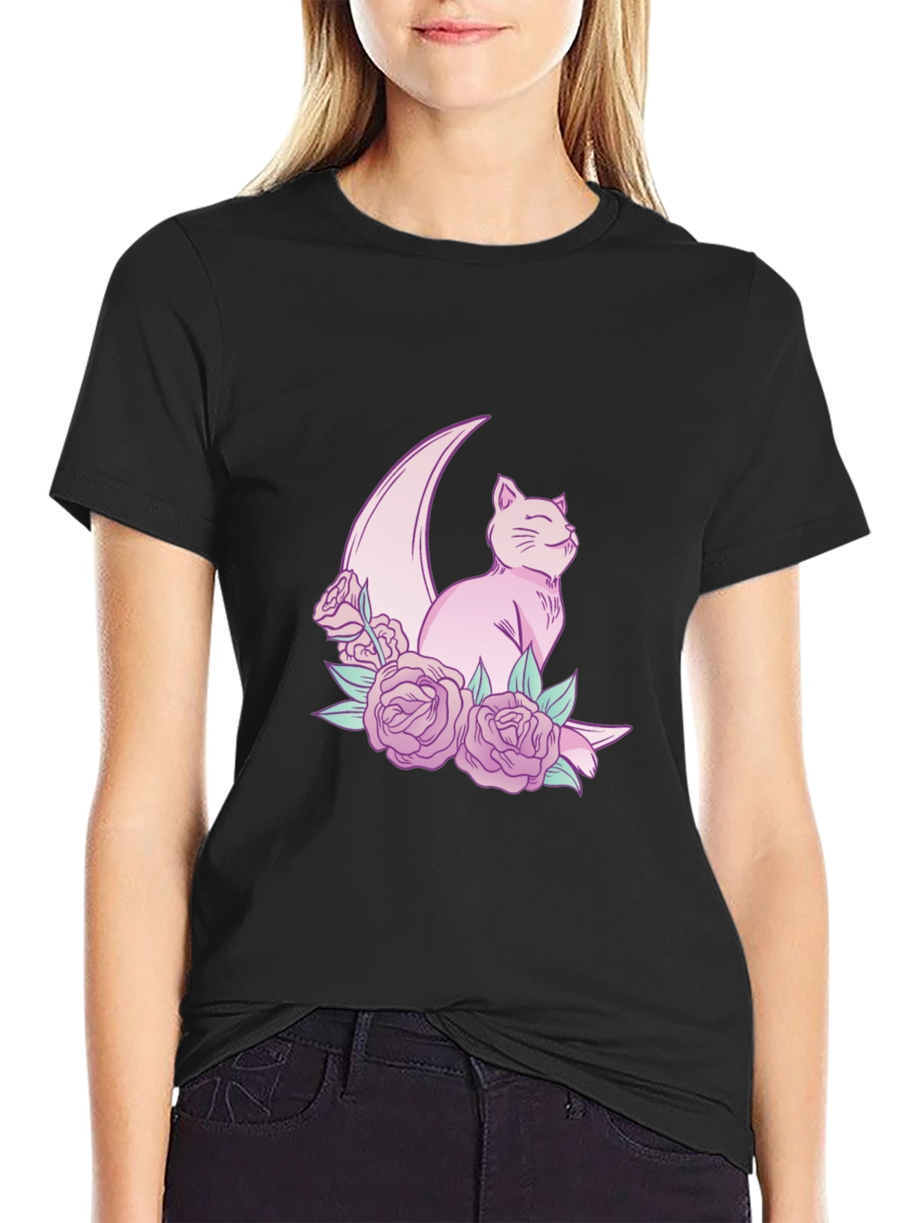 Crescent Cat T-Shirt - Whimsical Feline Design