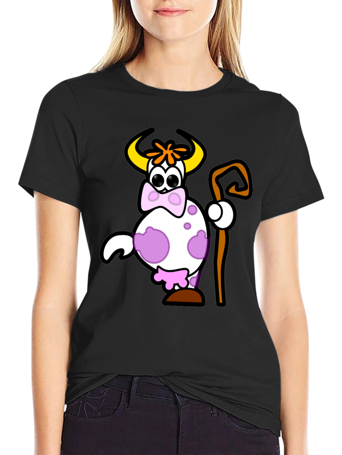 Cartoon Cow Graphic Black T-Shirt
