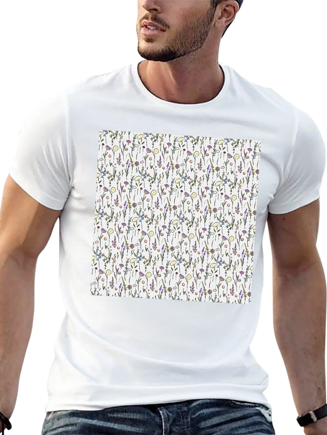 Floral Pattern T-Shirt - Black Casual Tee
