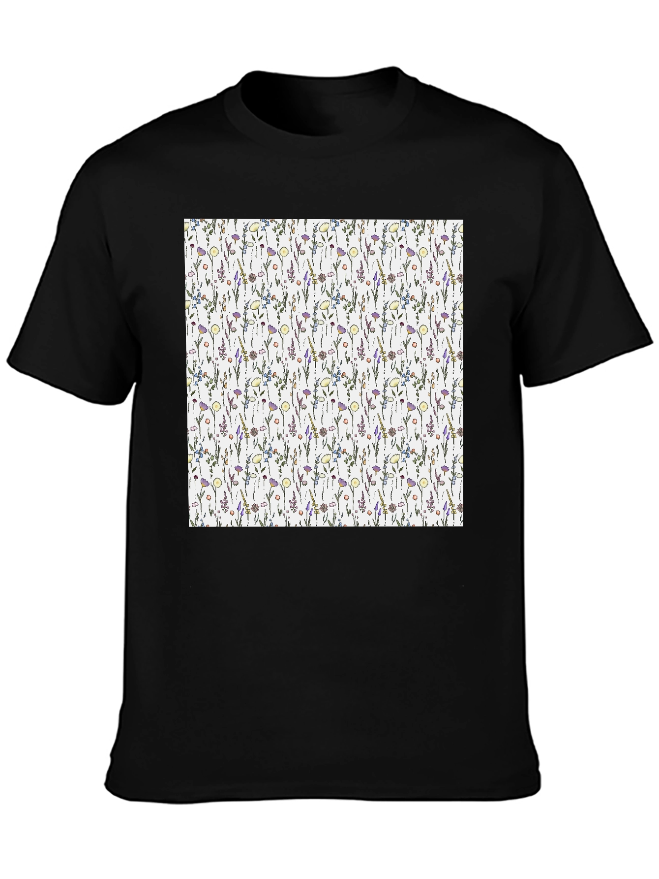 Floral Pattern T-Shirt - Black Casual Tee