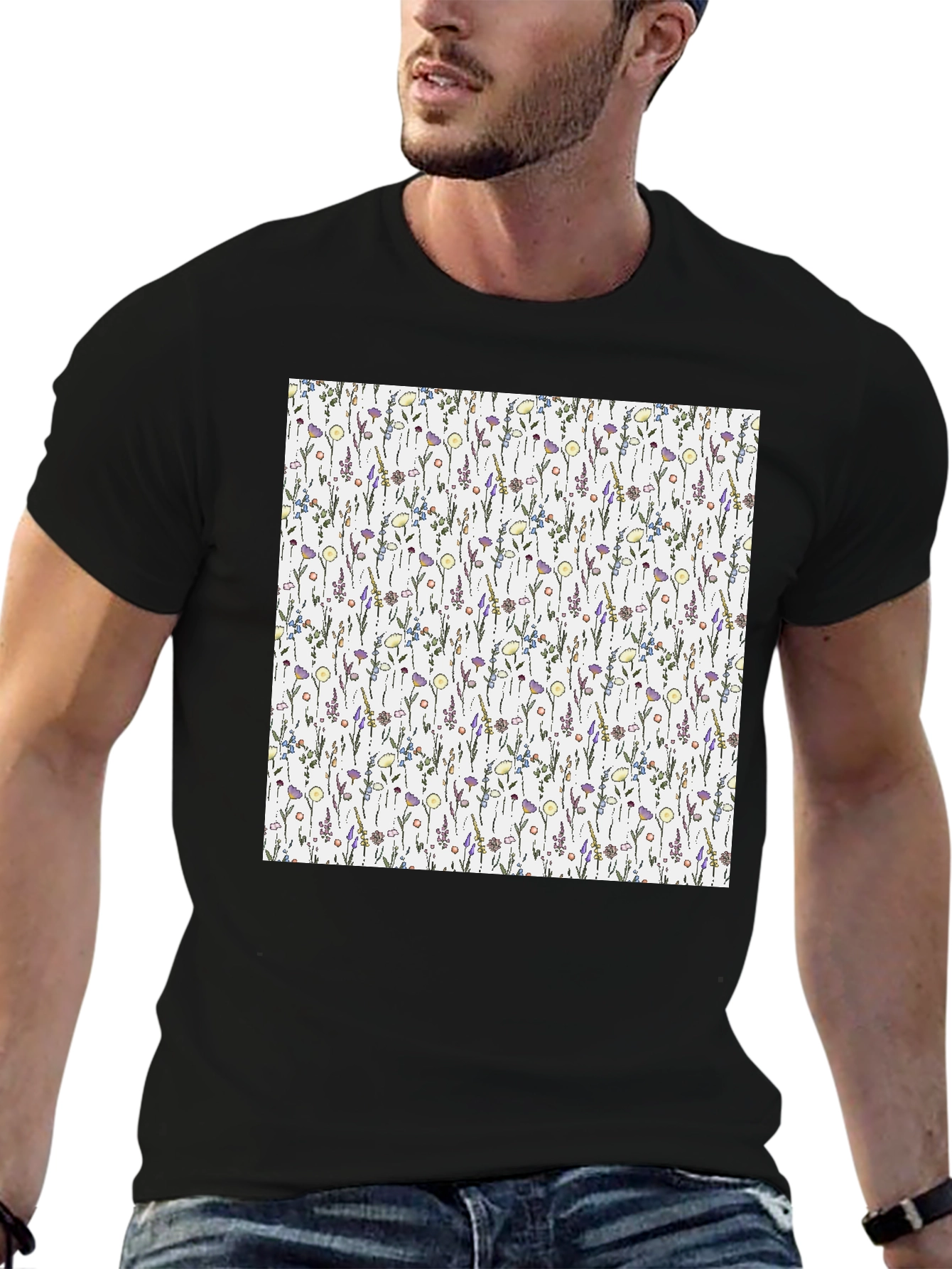 Floral Pattern T-Shirt - Black Casual Tee