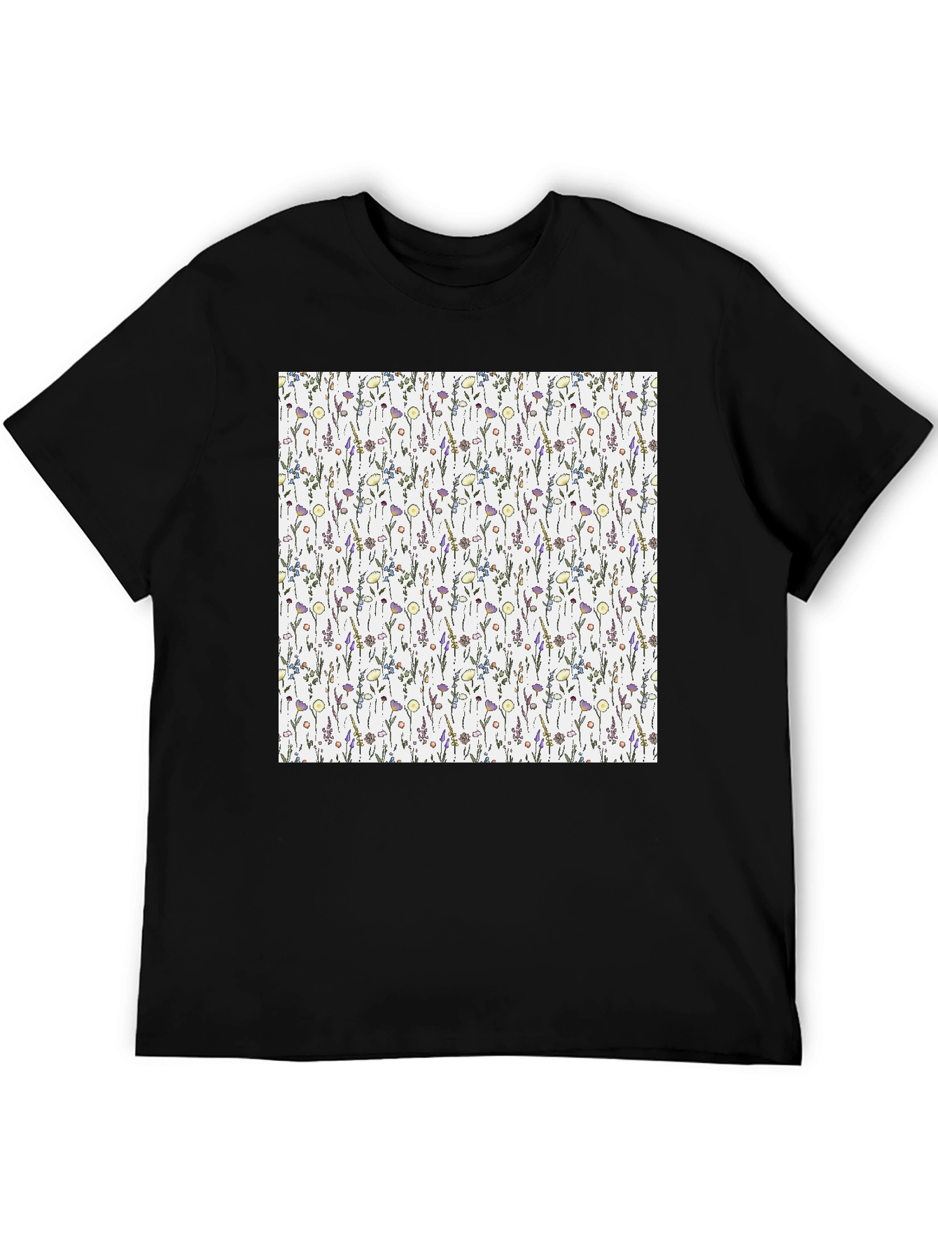 Floral Pattern T-Shirt - Black Casual Tee