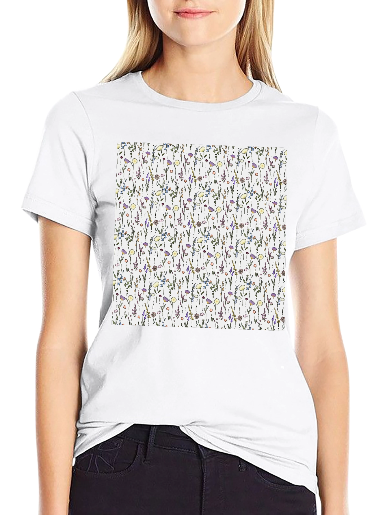 Floral Pattern T-Shirt - Black Casual Tee