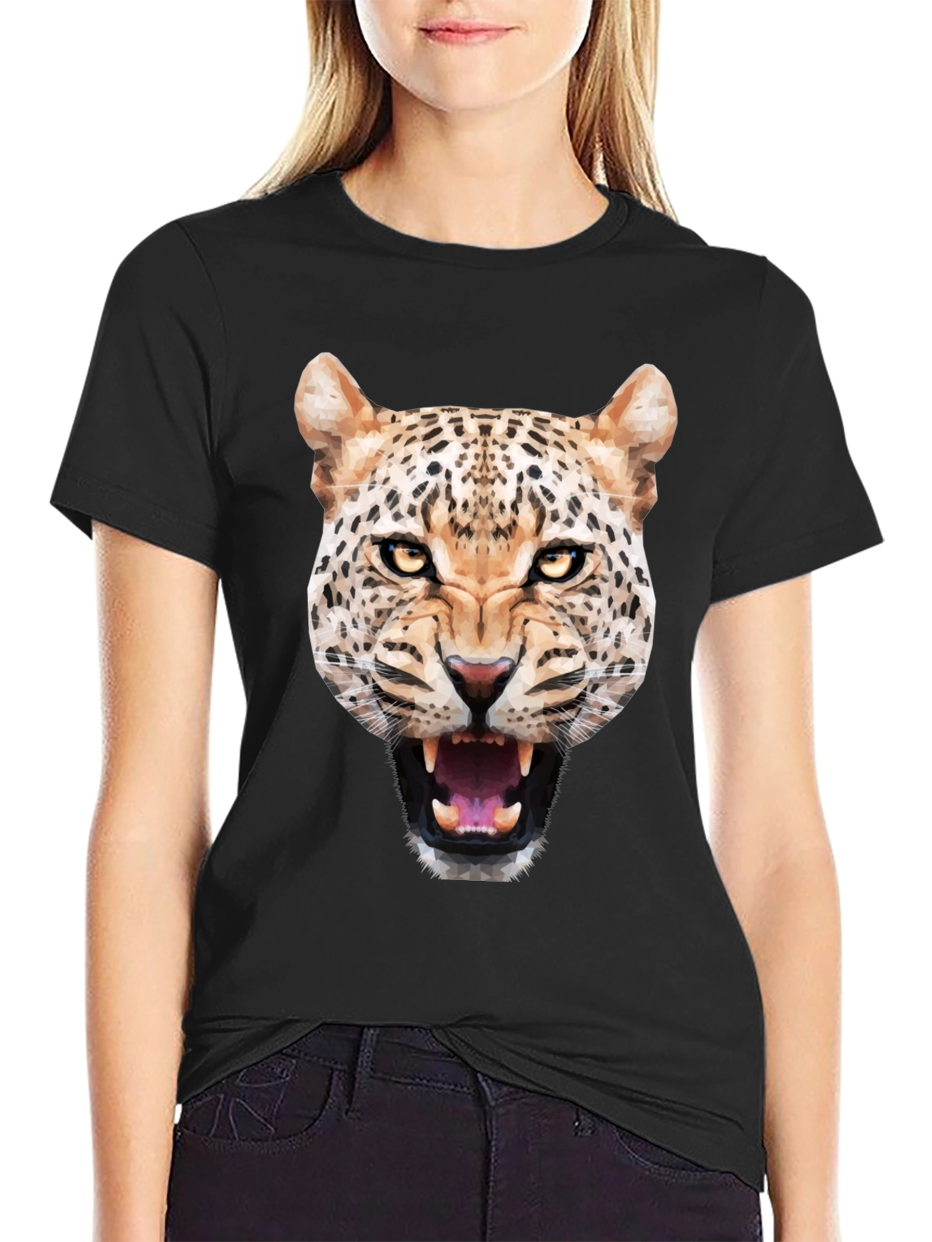 Mens Black T-Shirt with Geometric Leopard Graphic