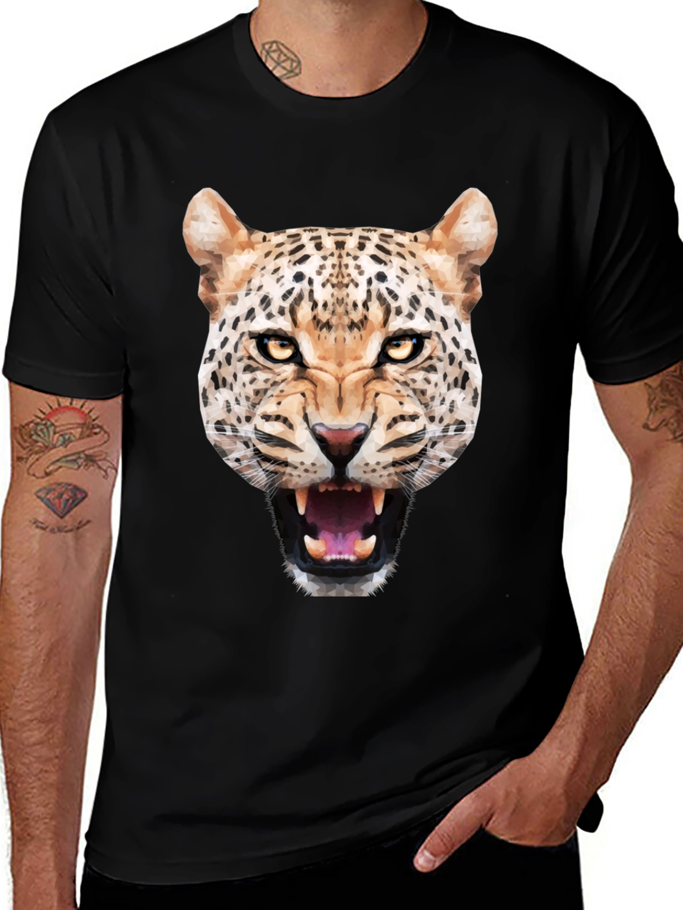 Mens Black T-Shirt with Geometric Leopard Graphic