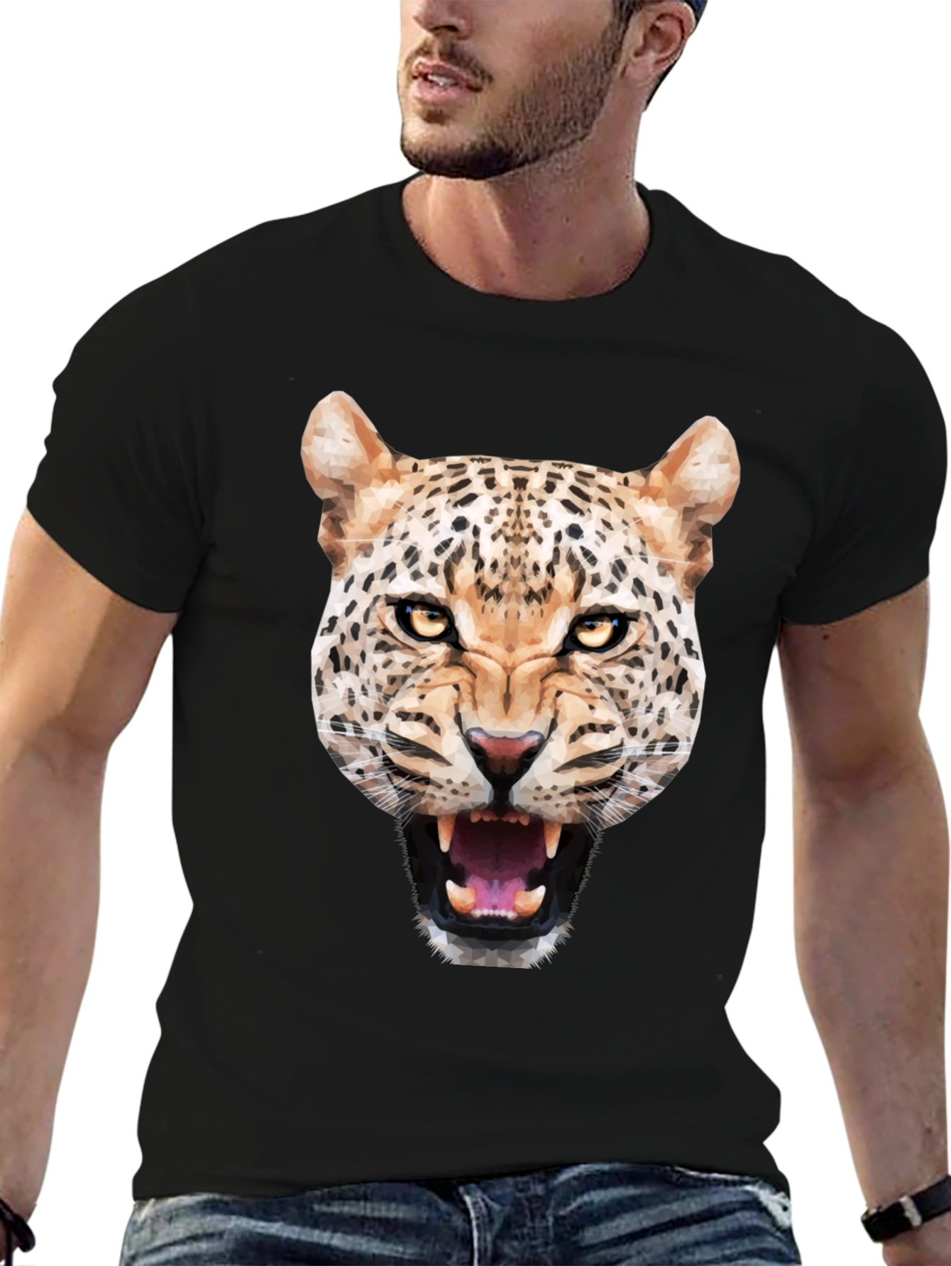 Mens Black T-Shirt with Geometric Leopard Graphic