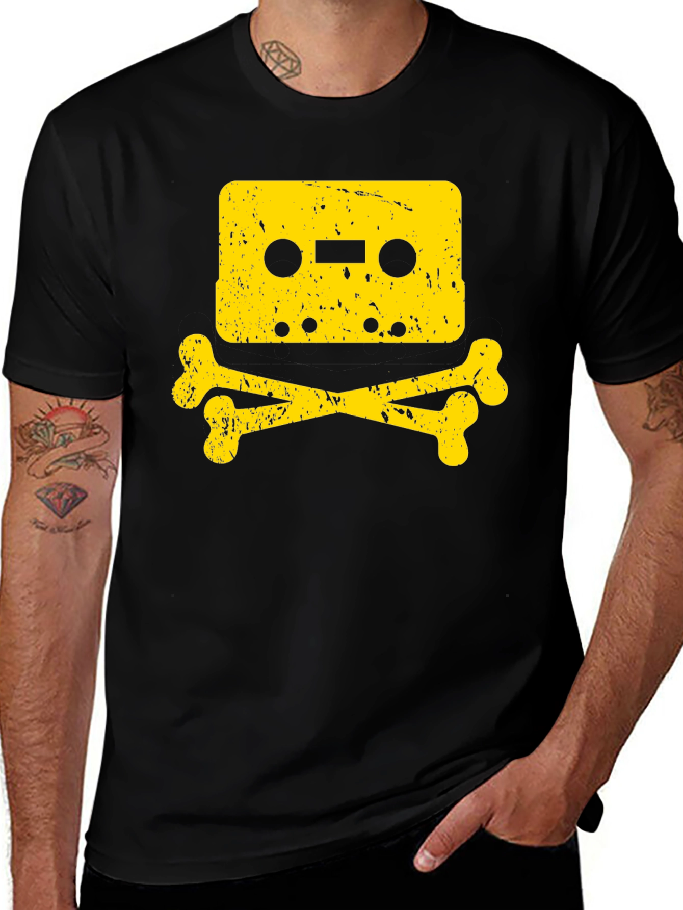 Retro Cassette Skull Graphic Tee - Black