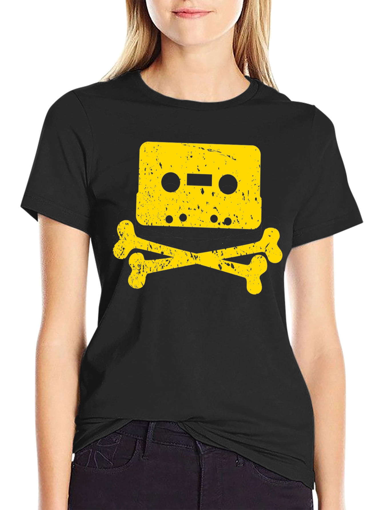 Retro Cassette Skull Graphic Tee - Black