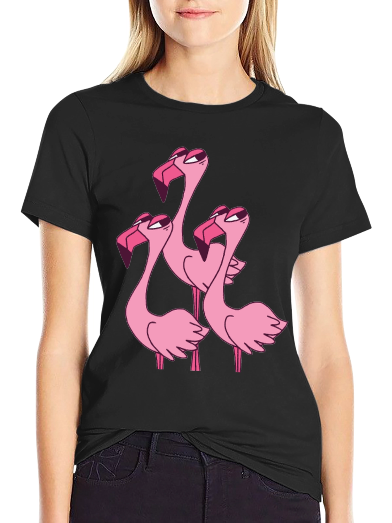 Flamingo Cartoon Graphic Black T-Shirt