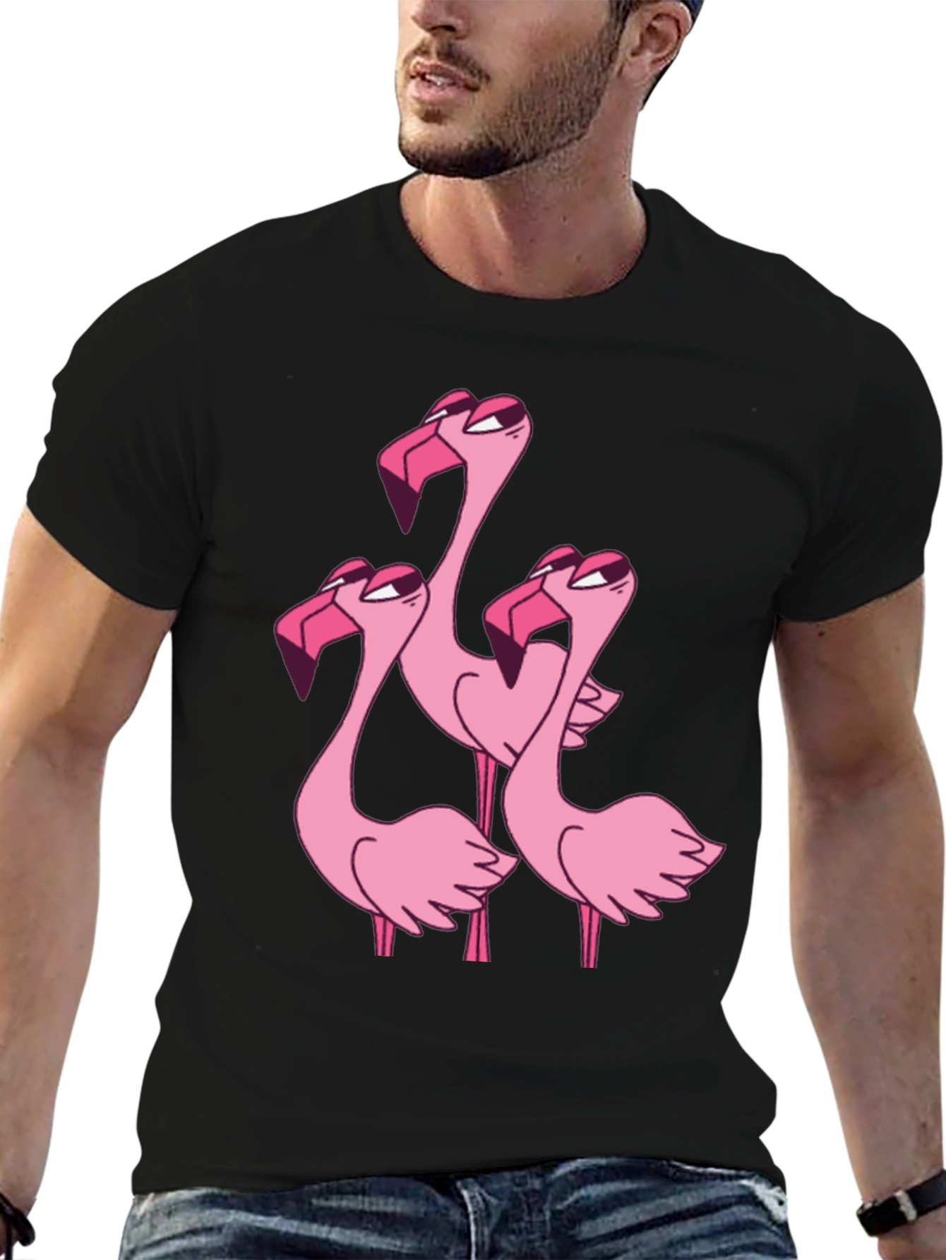 Flamingo Cartoon Graphic Black T-Shirt