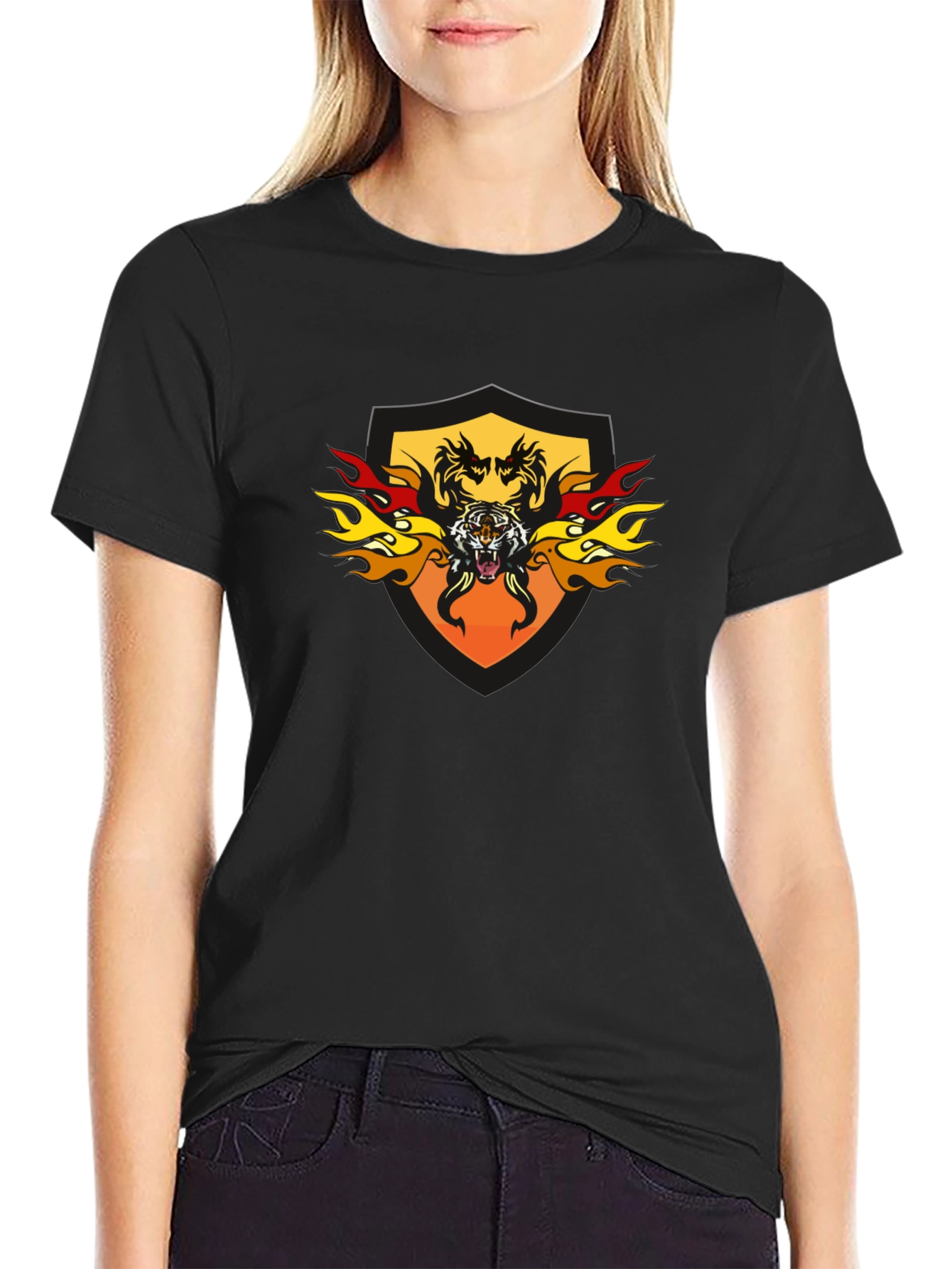 Fiery Tiger Shield Graphic Tee - Black