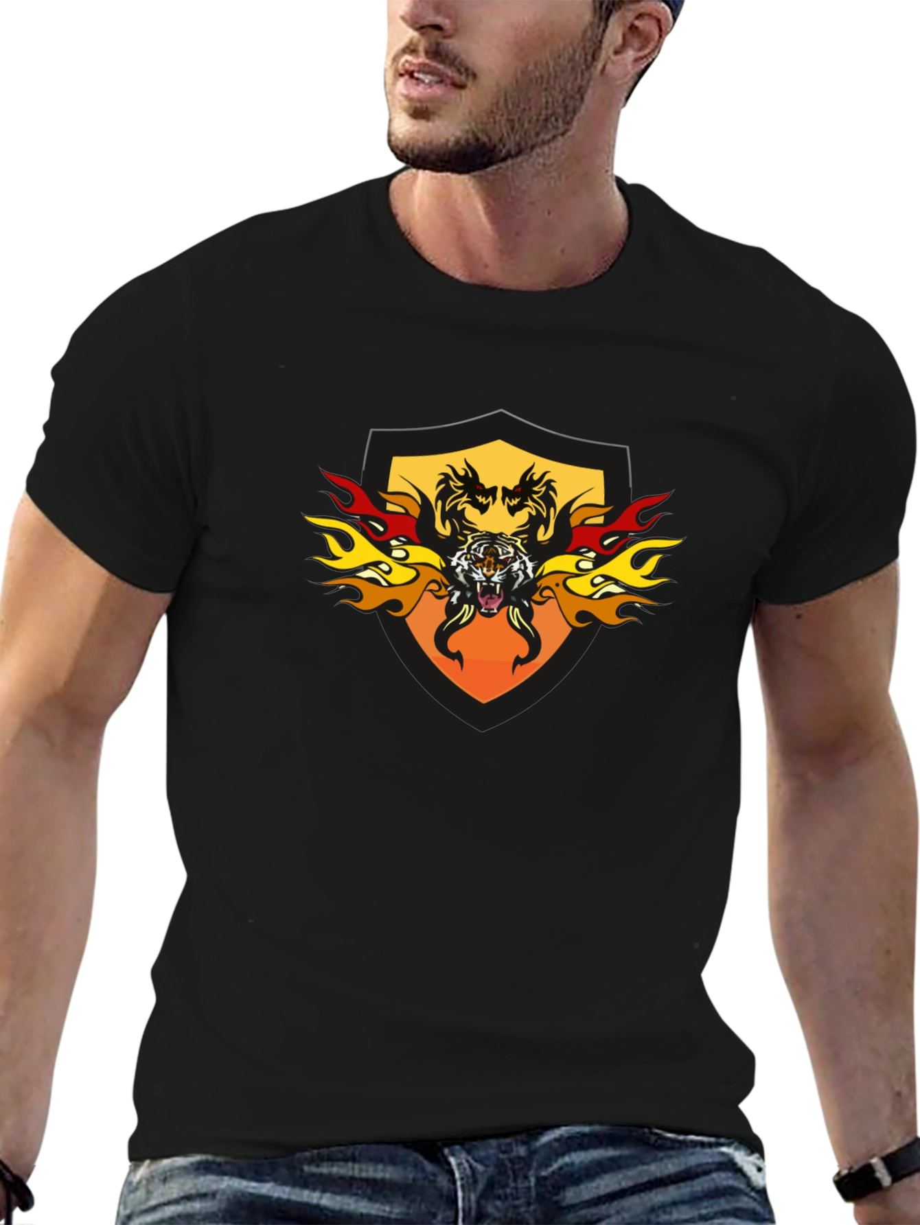 Fiery Tiger Shield Graphic Tee - Black