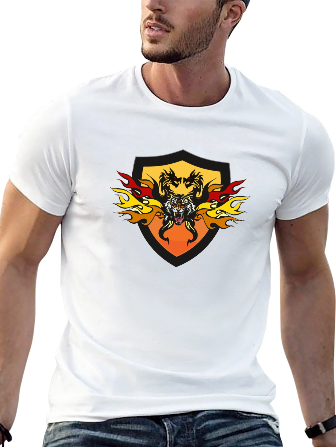 Fiery Tiger Shield Graphic Tee - Black