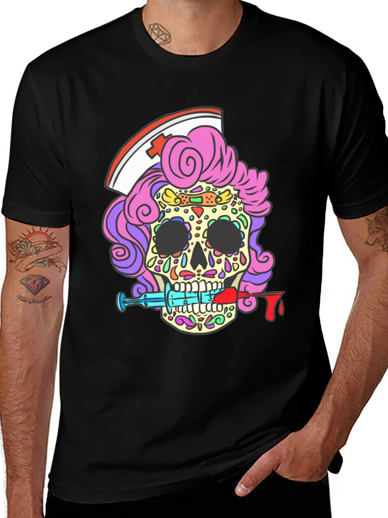Nurse Skull T-Shirt - Dia de los Muertos Style