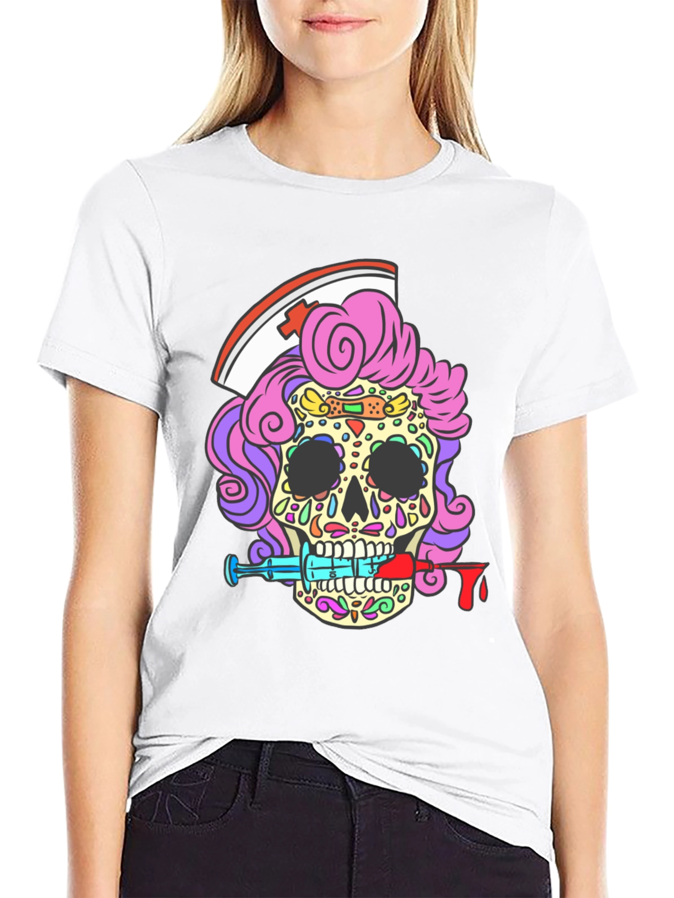 Nurse Skull T-Shirt - Dia de los Muertos Style