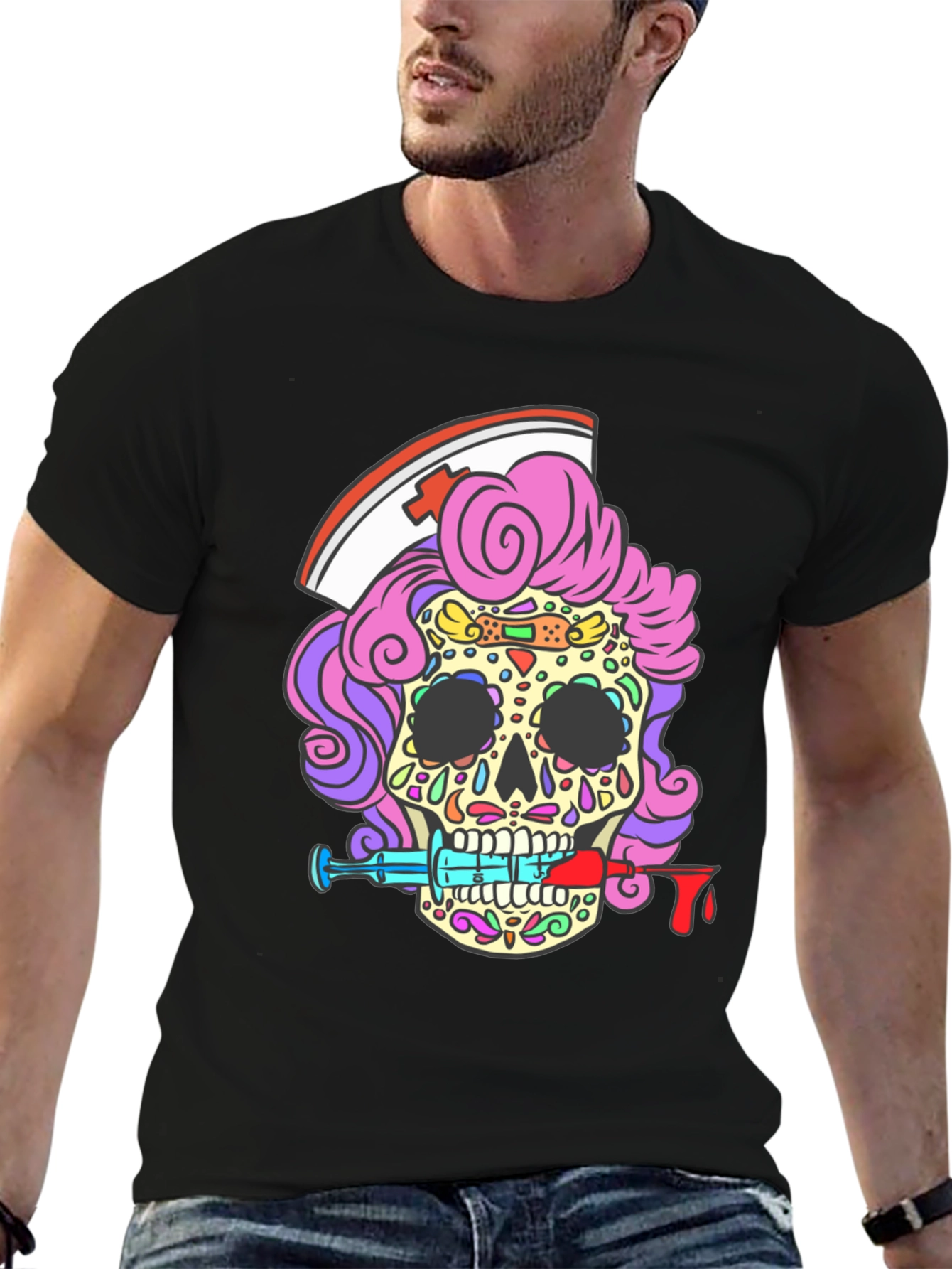Nurse Skull T-Shirt - Dia de los Muertos Style