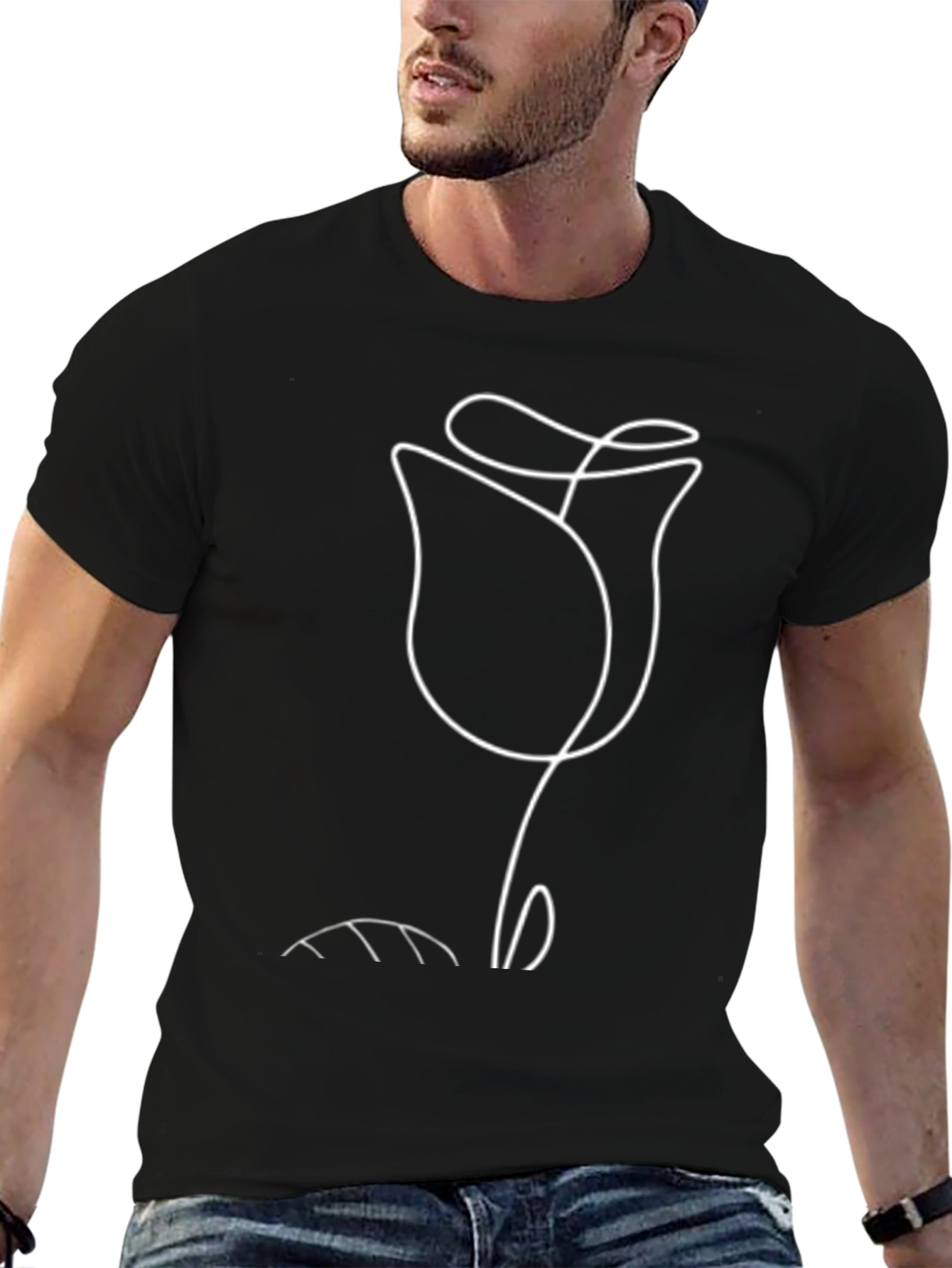 Minimalist Rose Line Art Black T-Shirt