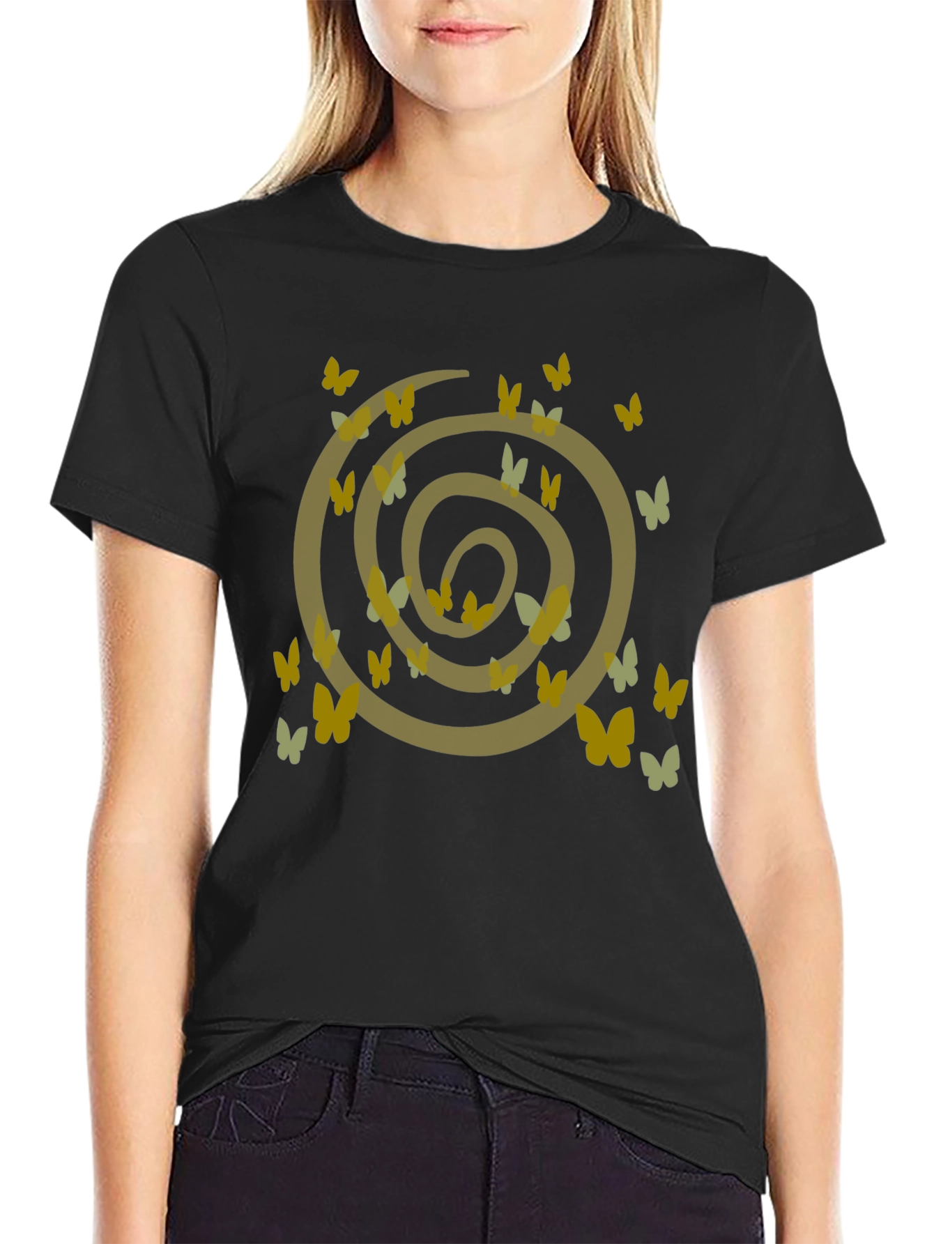 Butterfly Spiral Graphic Tee - Casual Black Cotton T-Shirt