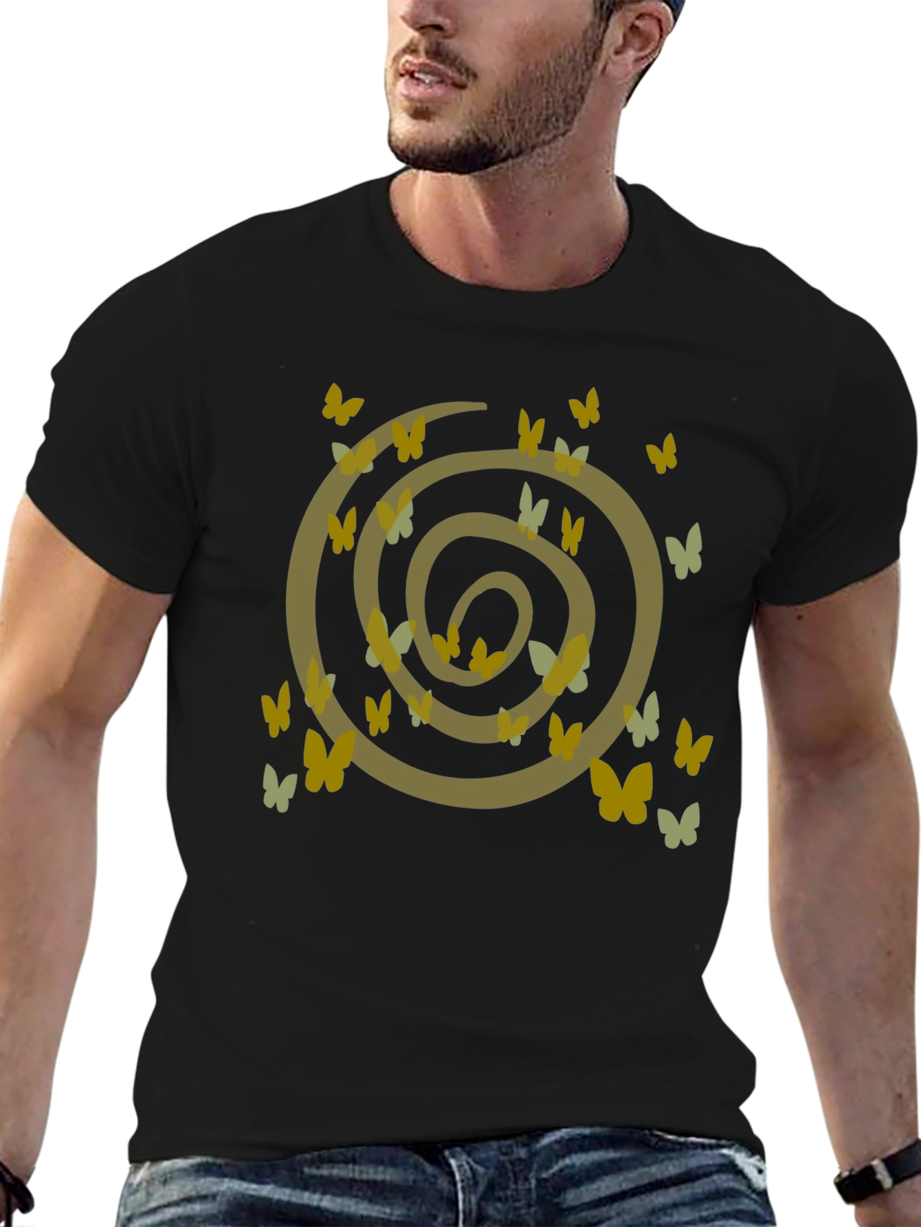 Butterfly Spiral Graphic Tee - Casual Black Cotton T-Shirt